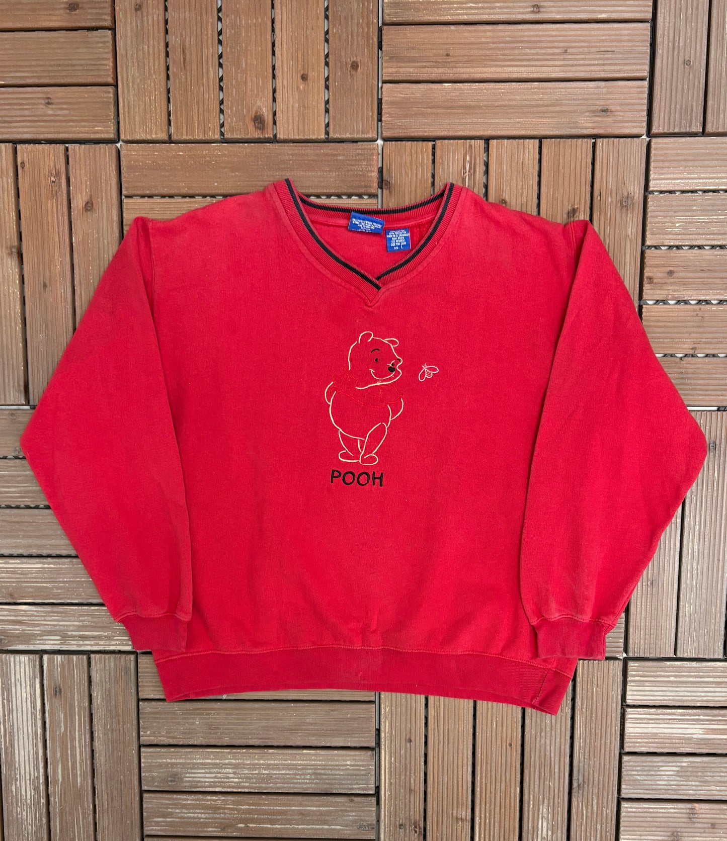 Winnie The Pooh Embroidered Graphic Crewneck | Size Large | Vintage 1990s Cartoon Red Sweater |