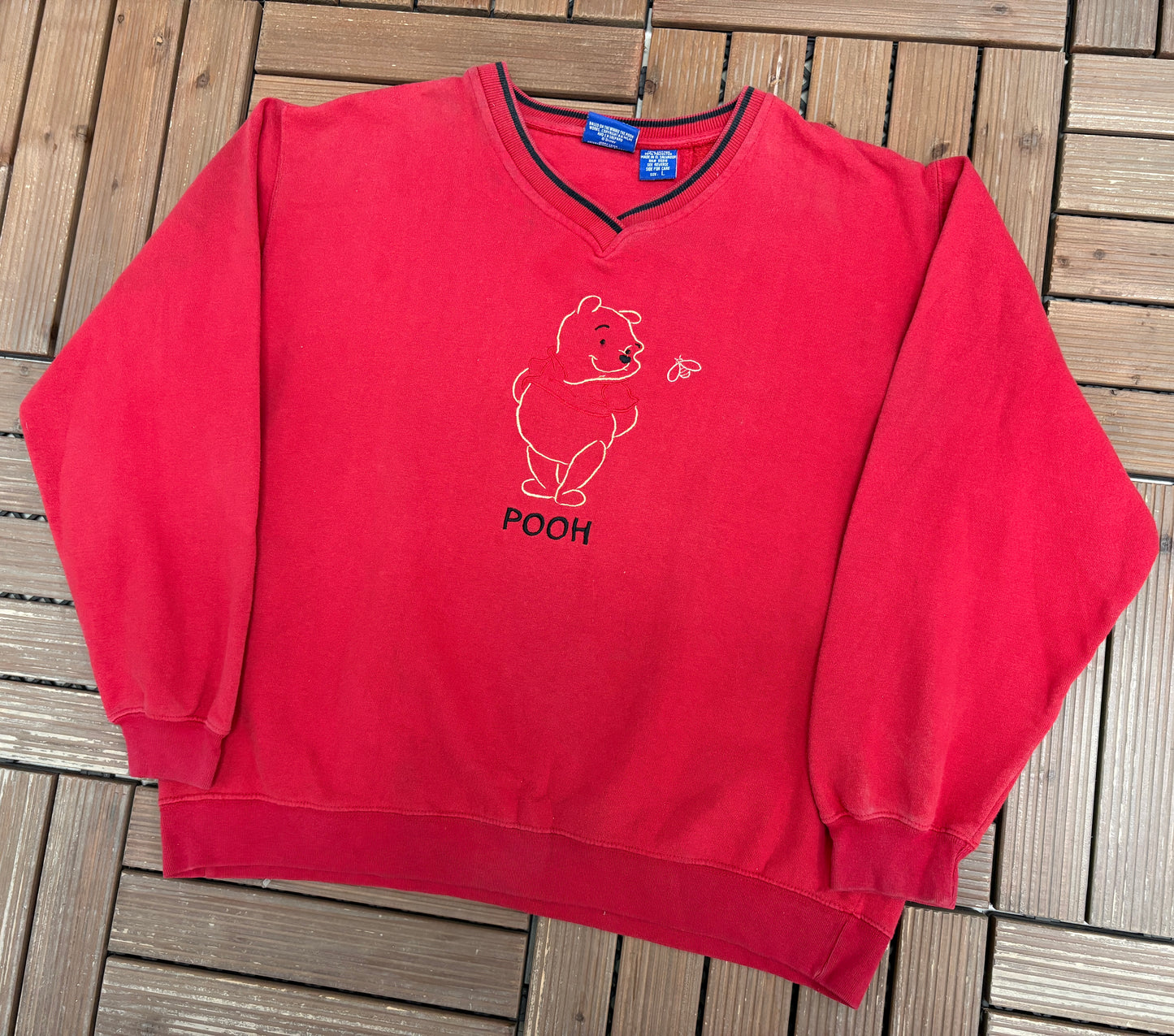 Winnie The Pooh Embroidered Graphic Crewneck | Size Large | Vintage 1990s Cartoon Red Sweater |