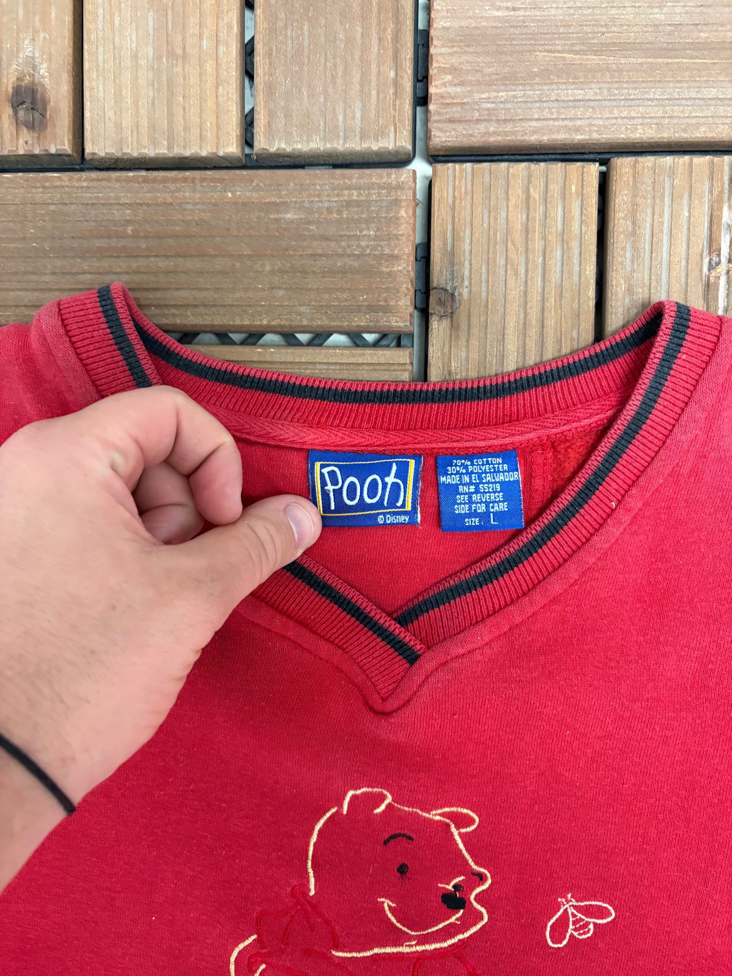 Winnie The Pooh Embroidered Graphic Crewneck | Size Large | Vintage 1990s Cartoon Red Sweater |
