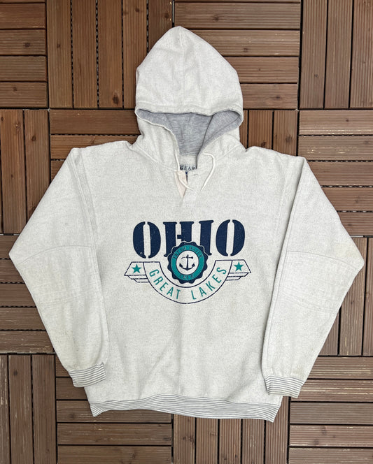 Ohio Great Lakes Graphic Hoodie | Size Large | Vintage 1990s Grey Fleece Tourist Sweater |