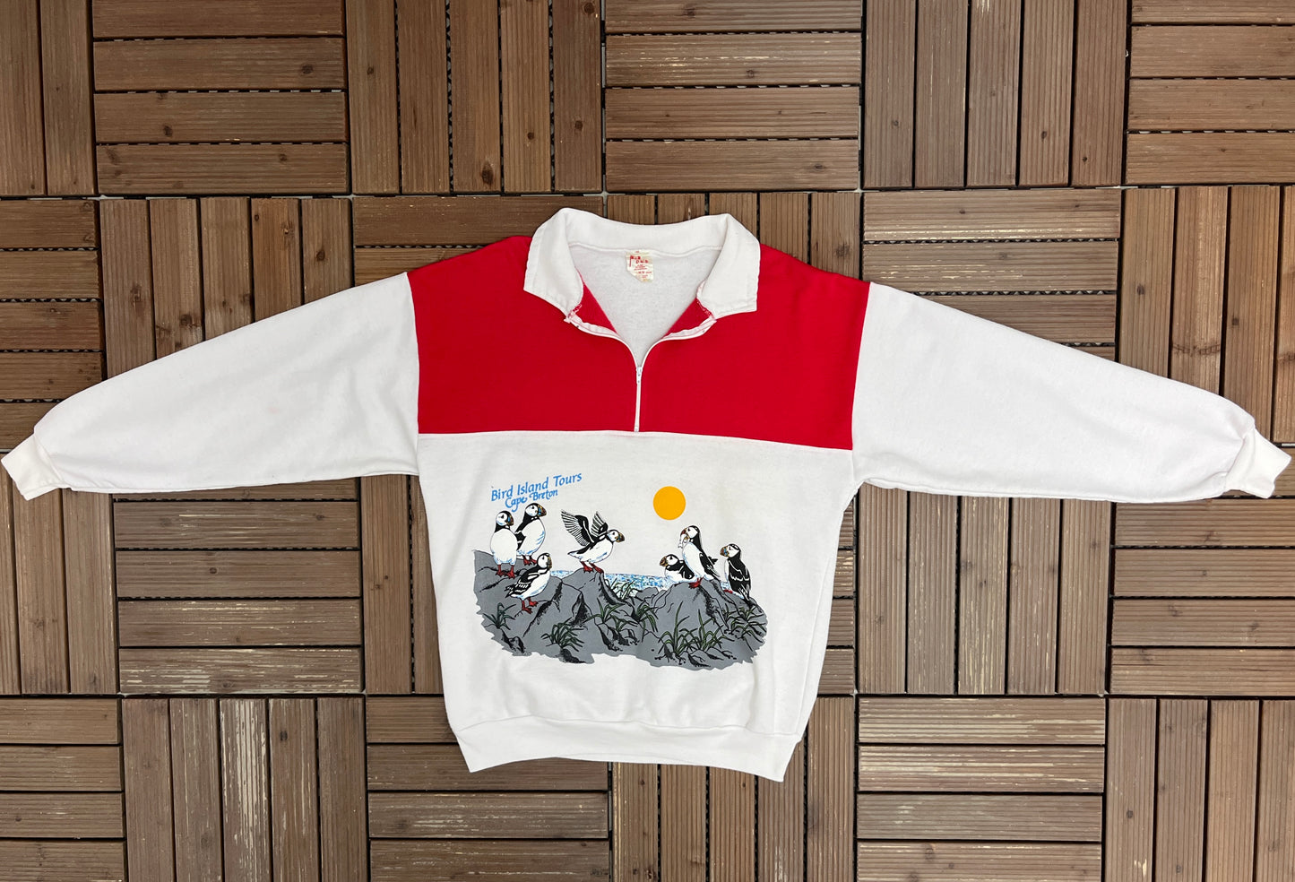 Bird Island Tours Cape Breton Graphic Quarter Zip | Size Medium | Vintage 1990s Promotional White Sweater |