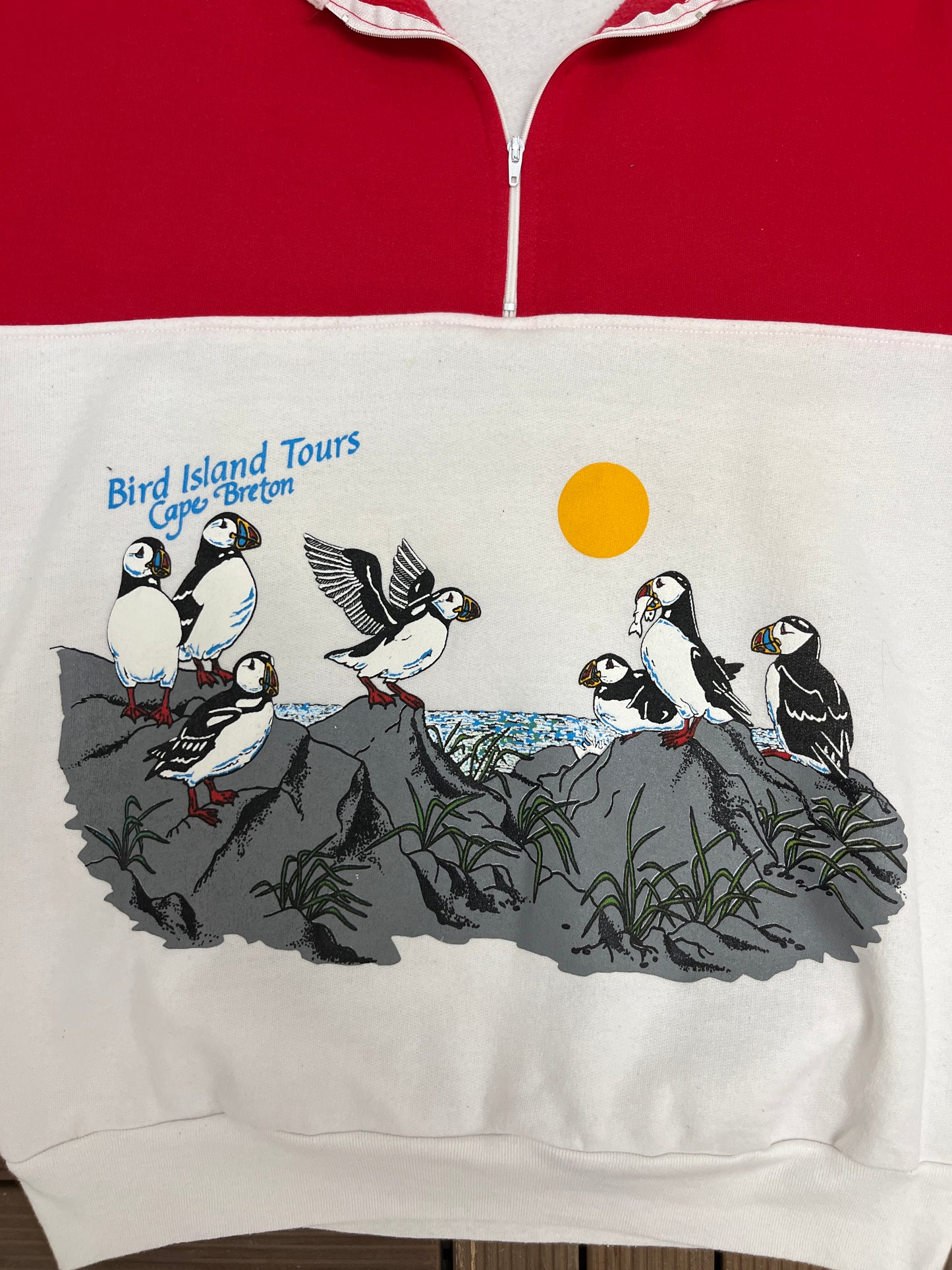 Bird Island Tours Cape Breton Graphic Quarter Zip | Size Medium | Vintage 1990s Promotional White Sweater |