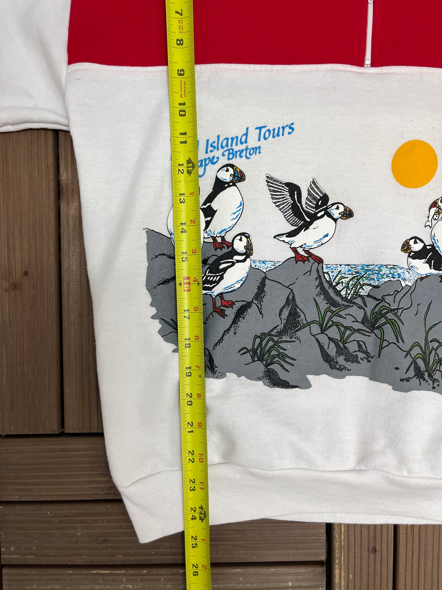 Bird Island Tours Cape Breton Graphic Quarter Zip | Size Medium | Vintage 1990s Promotional White Sweater |