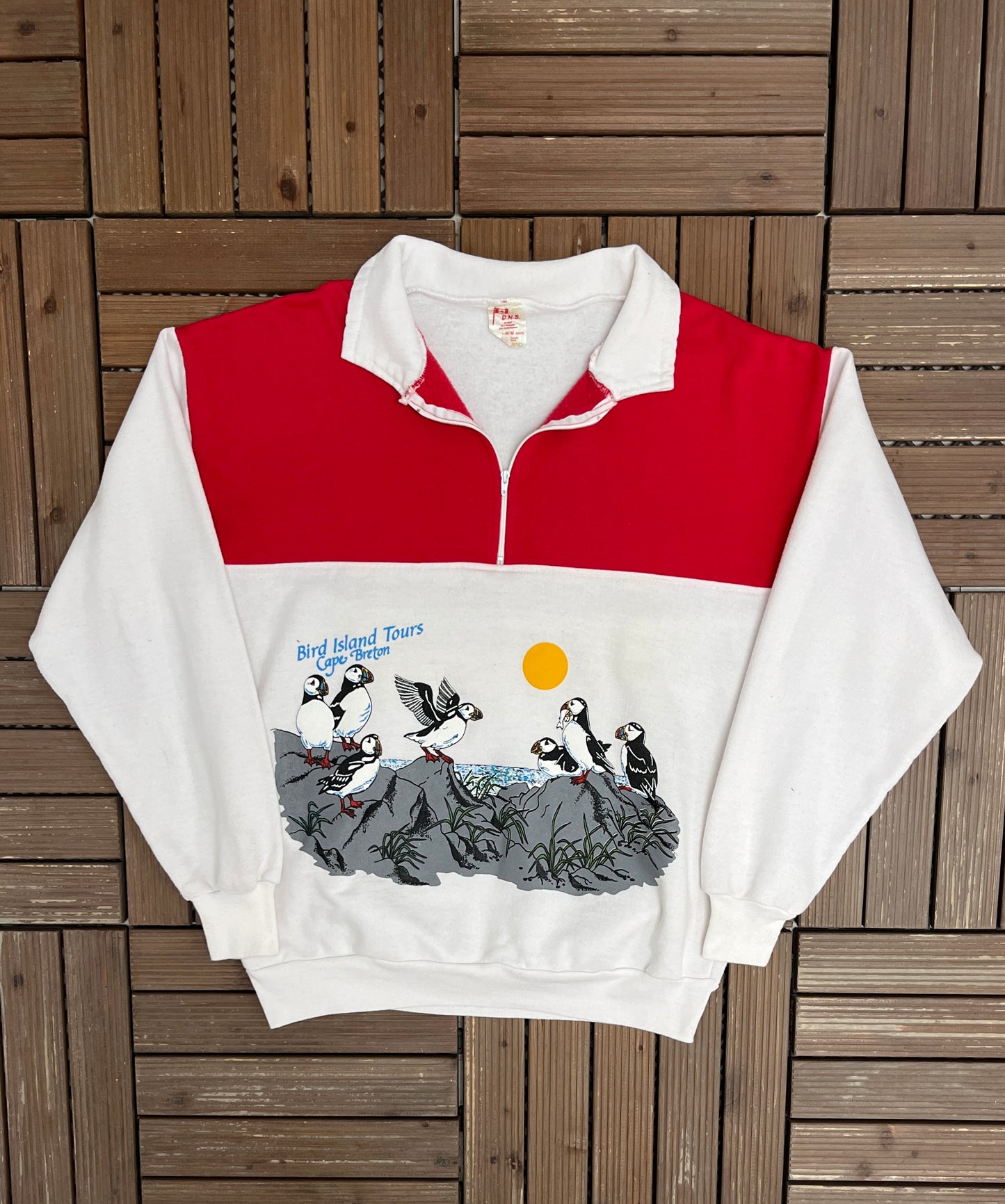 Bird Island Tours Cape Breton Graphic Quarter Zip | Size Medium | Vintage 1990s Promotional White Sweater |