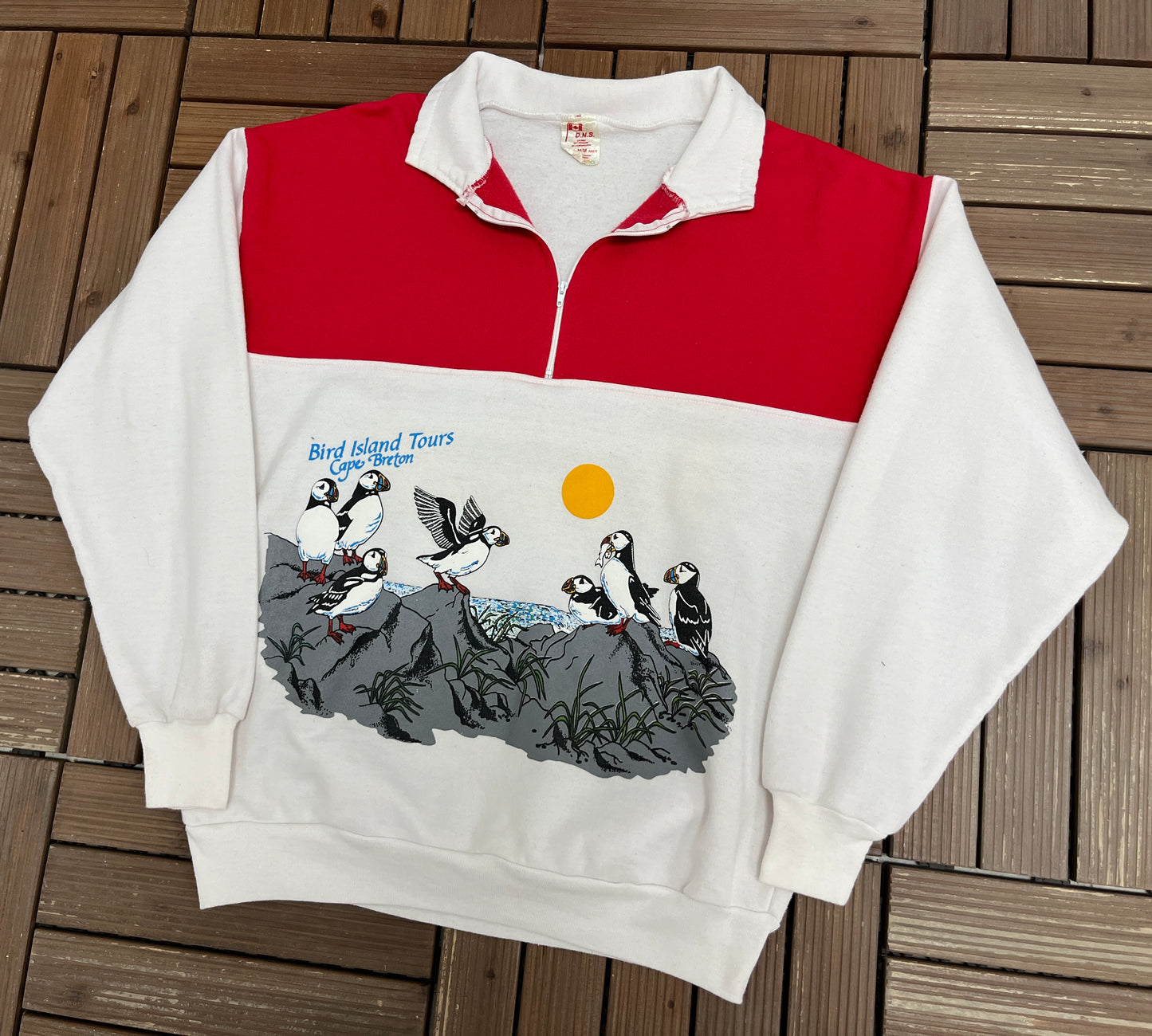 Bird Island Tours Cape Breton Graphic Quarter Zip | Size Medium | Vintage 1990s Promotional White Sweater |