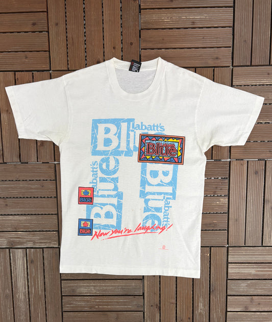 Labatt's Blue Now You're Laughing Graphic Tee | Size Large | Vintage 1990s Promotional White T-Shirt |