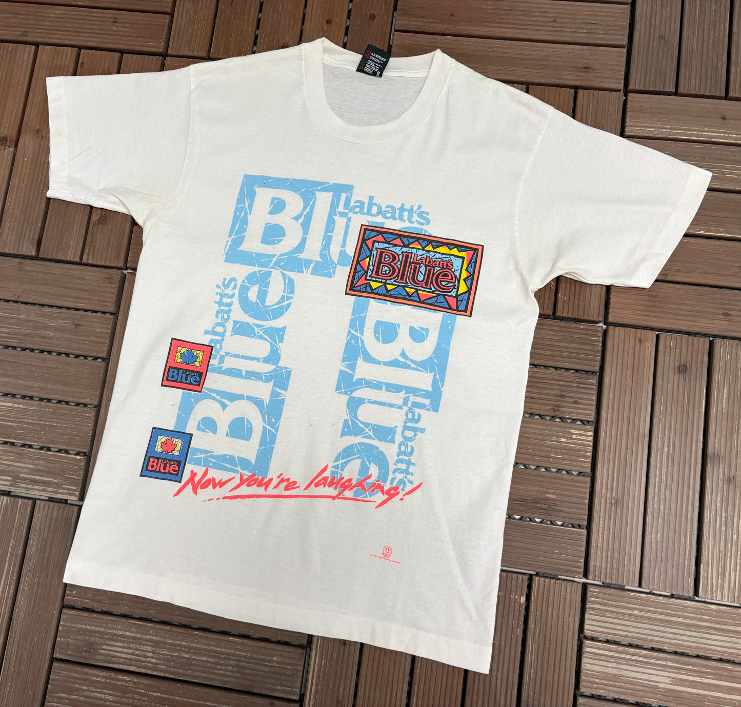 Labatt's Blue Now You're Laughing Graphic Tee | Size Large | Vintage 1990s Promotional White T-Shirt |