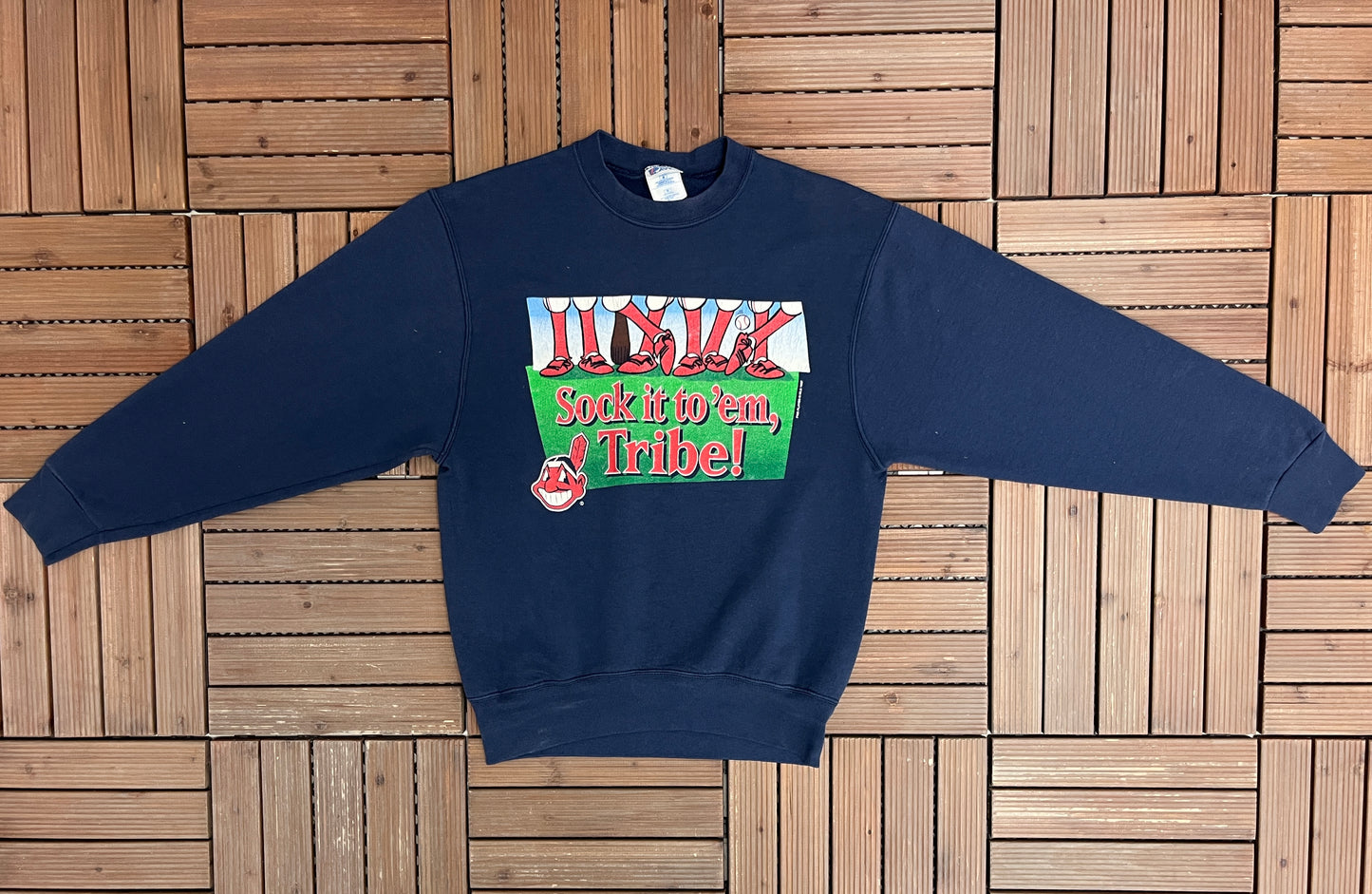 Cleveland Indians Sock it To 'Em Tribe Graphic Crewneck | Size Medium | Vintage 1990s MLB Baseball Blue Sweater |