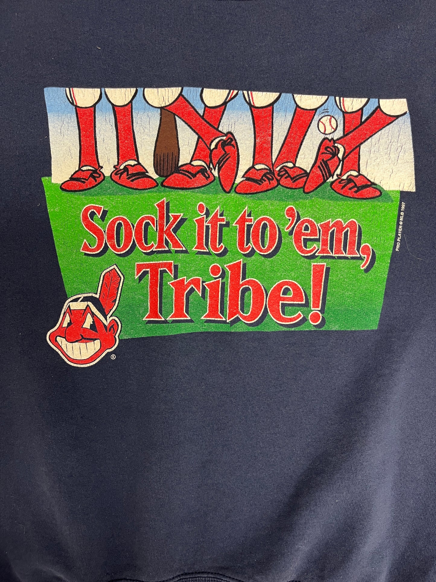 Cleveland Indians Sock it To 'Em Tribe Graphic Crewneck | Size Medium | Vintage 1990s MLB Baseball Blue Sweater |