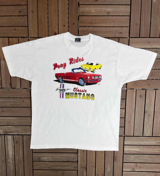 Classic Mustang Pony Rides Graphic Tee | Size X-Large | Vintage 1990s American Muscle Car White T-Shirt |