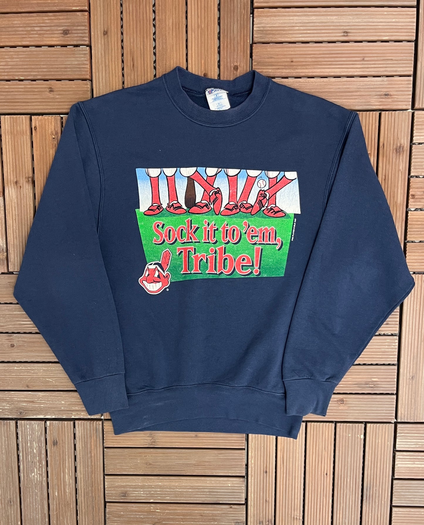 Cleveland Indians Sock it To 'Em Tribe Graphic Crewneck | Size Medium | Vintage 1990s MLB Baseball Blue Sweater |