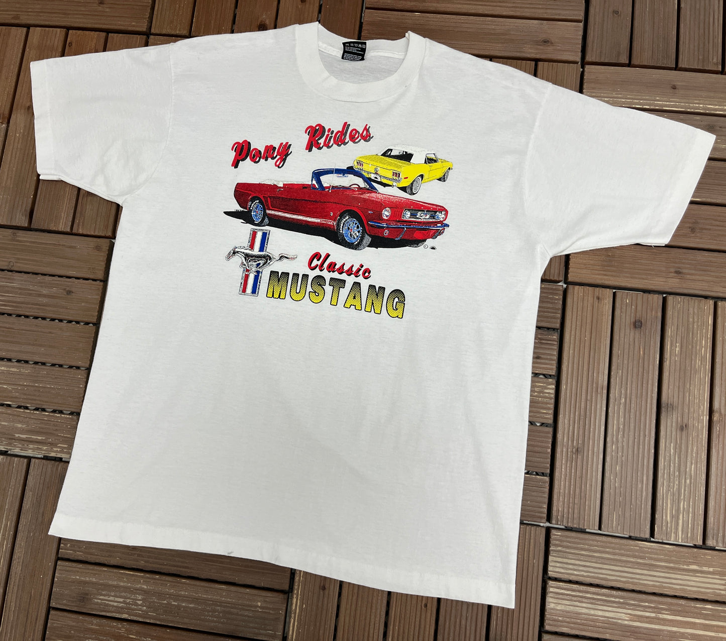 Classic Mustang Pony Rides Graphic Tee | Size X-Large | Vintage 1990s American Muscle Car White T-Shirt |