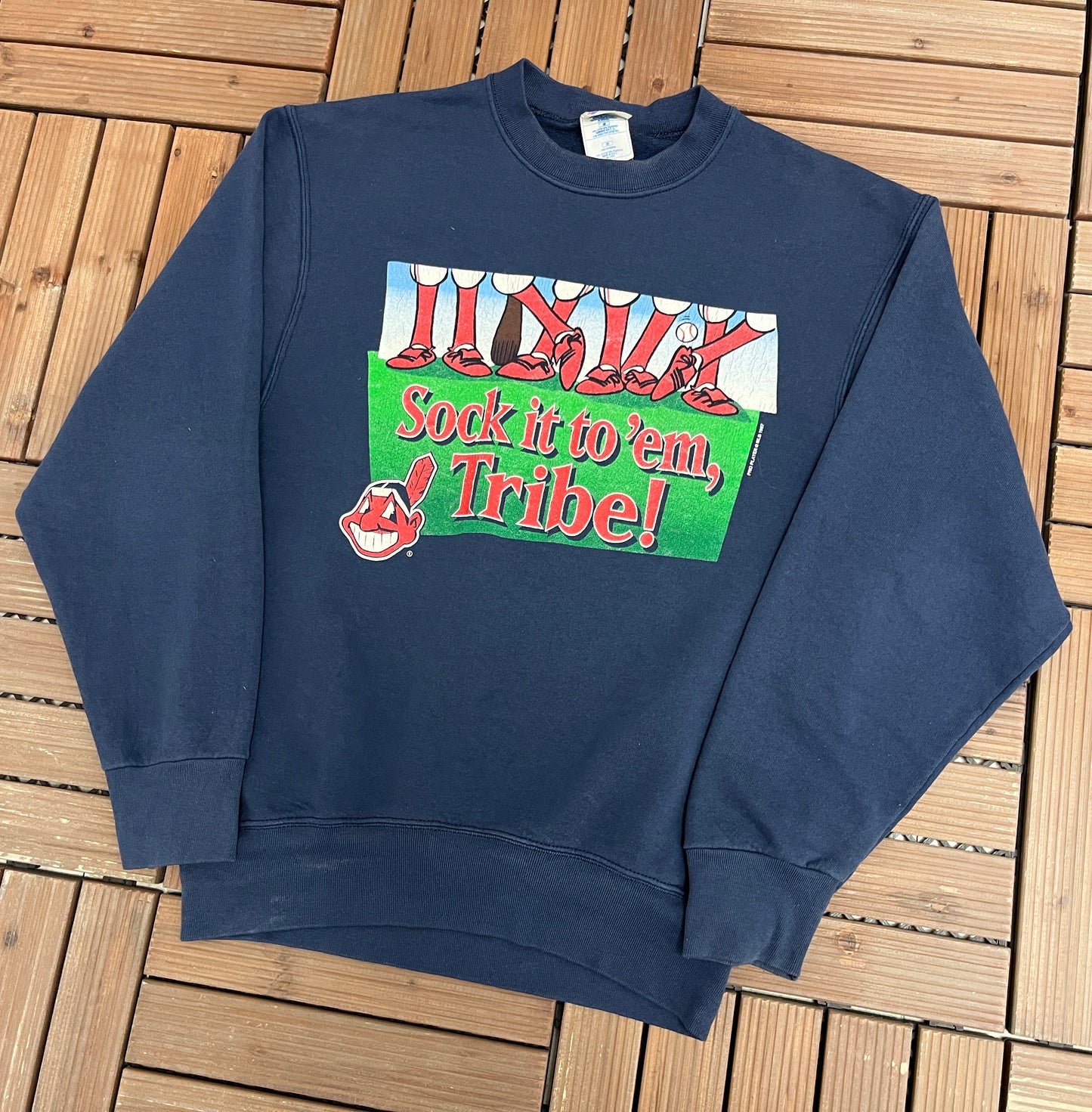 Cleveland Indians Sock it To 'Em Tribe Graphic Crewneck | Size Medium | Vintage 1990s MLB Baseball Blue Sweater |