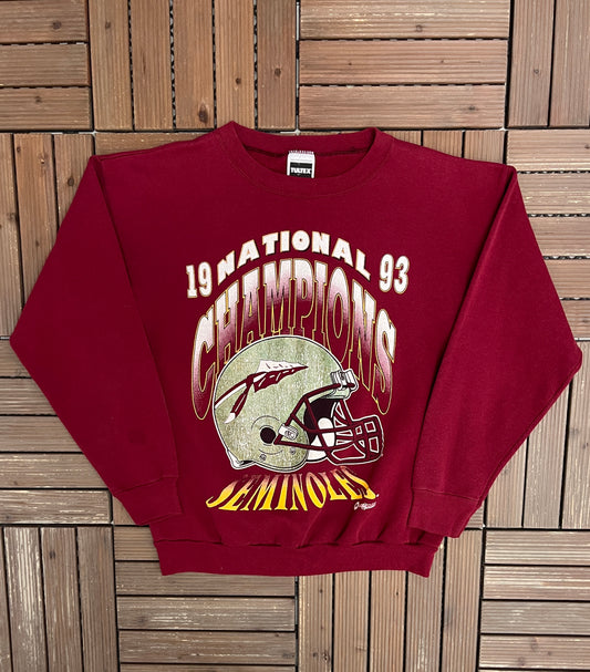 Florida State Seminoles National Champions 1993 Graphic Crewneck | Size X-Large | Vintage 1990s College Sports Red Sweater |