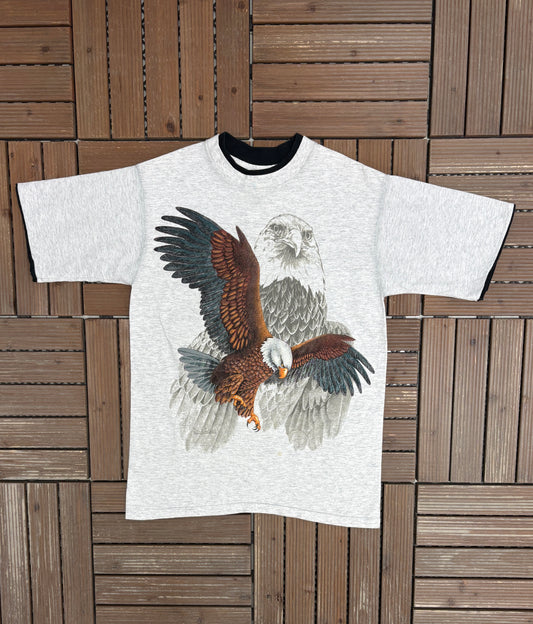 Bald Eagle Big Print Graphic Tee | Size Medium | Vintage 1990s Single Stitch Animal Grey T-Shirt |