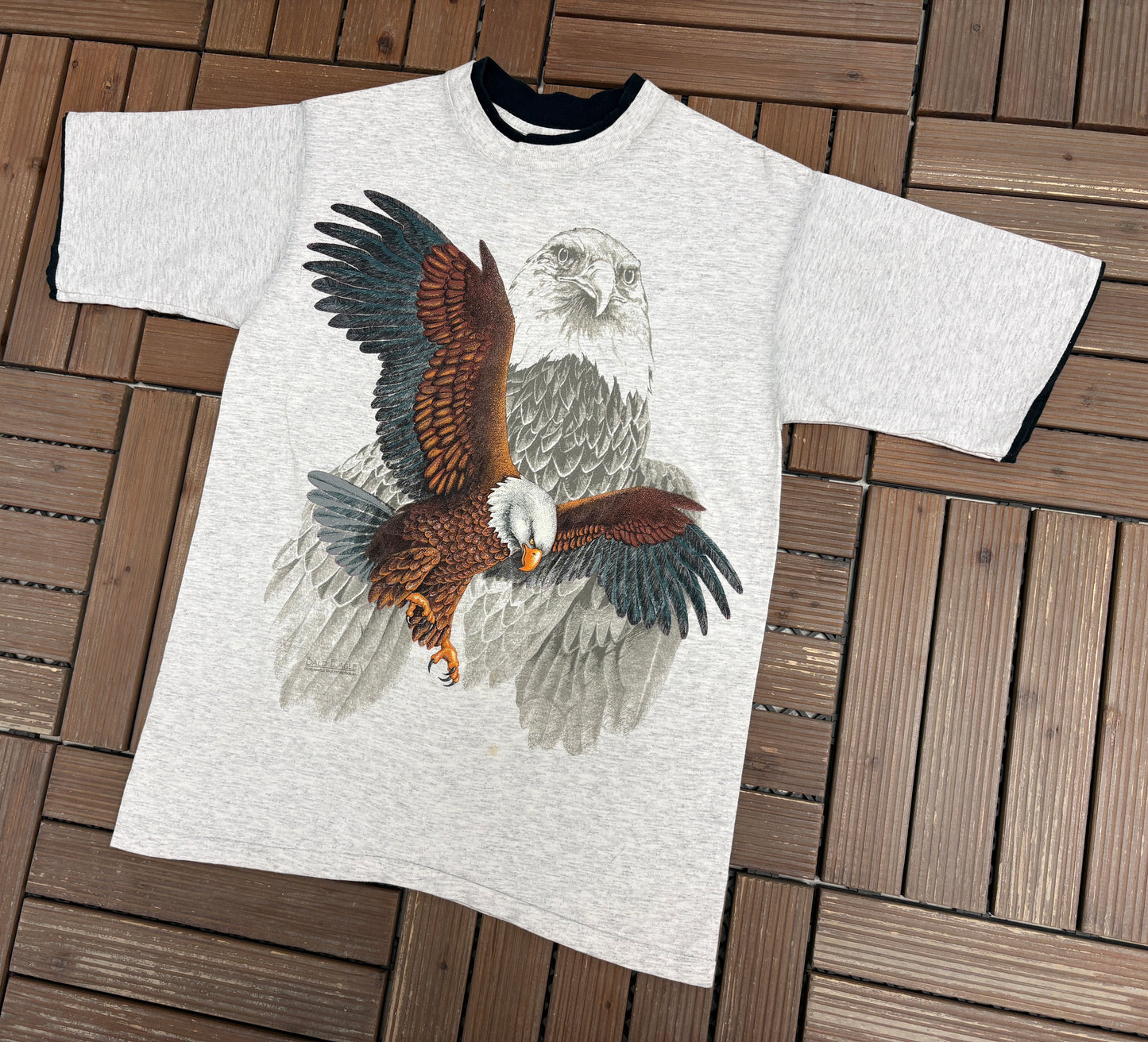 Bald Eagle Big Print Graphic Tee | Size Medium | Vintage 1990s Single Stitch Animal Grey T-Shirt |