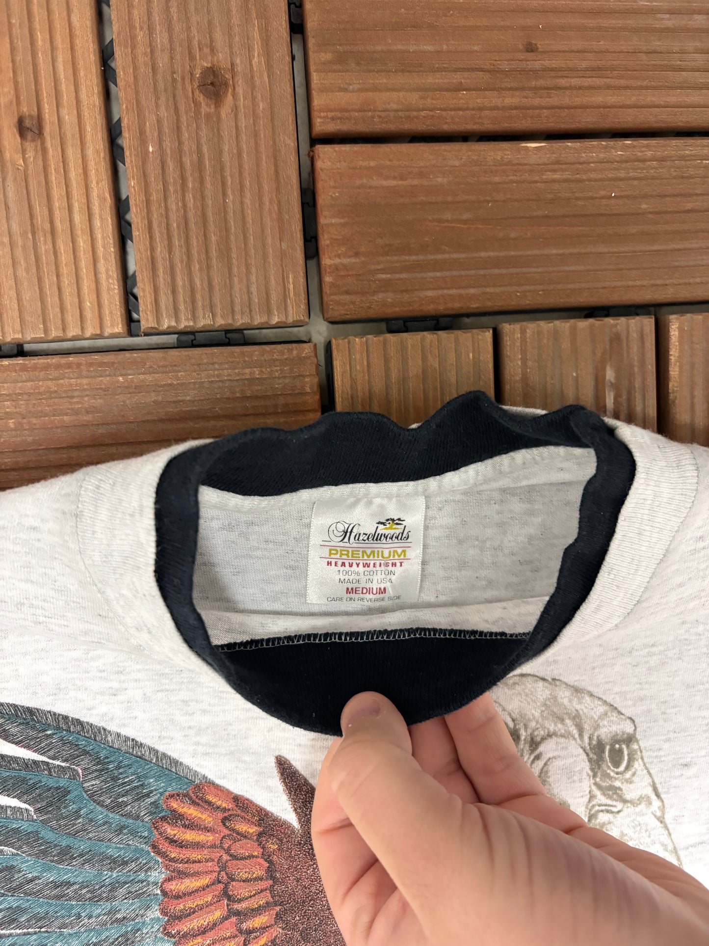 Bald Eagle Big Print Graphic Tee | Size Medium | Vintage 1990s Single Stitch Animal Grey T-Shirt |