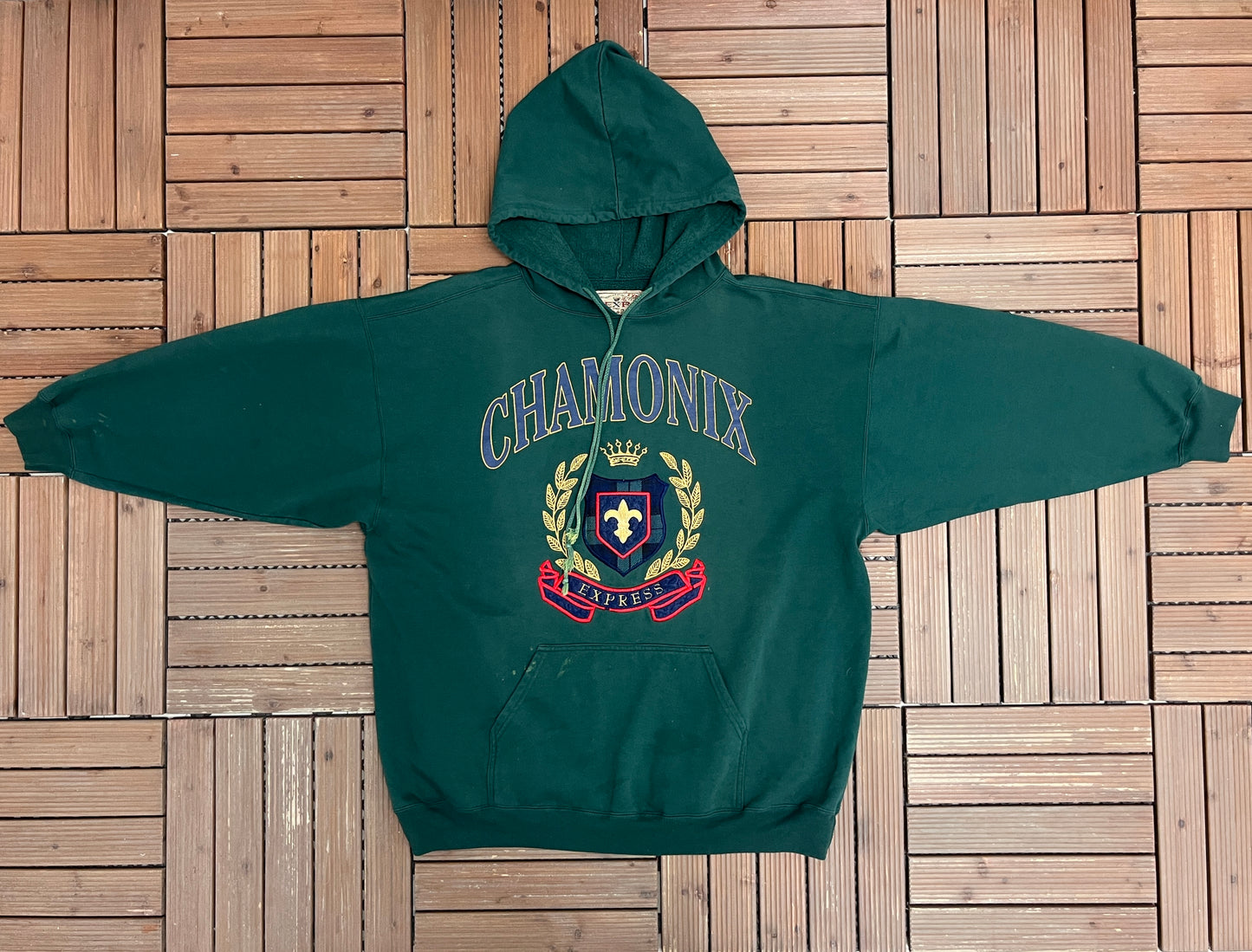 Chamonix Express Graphic Hoodie | Size X-Small | Vintage 2000s Promotional Green Sweater |