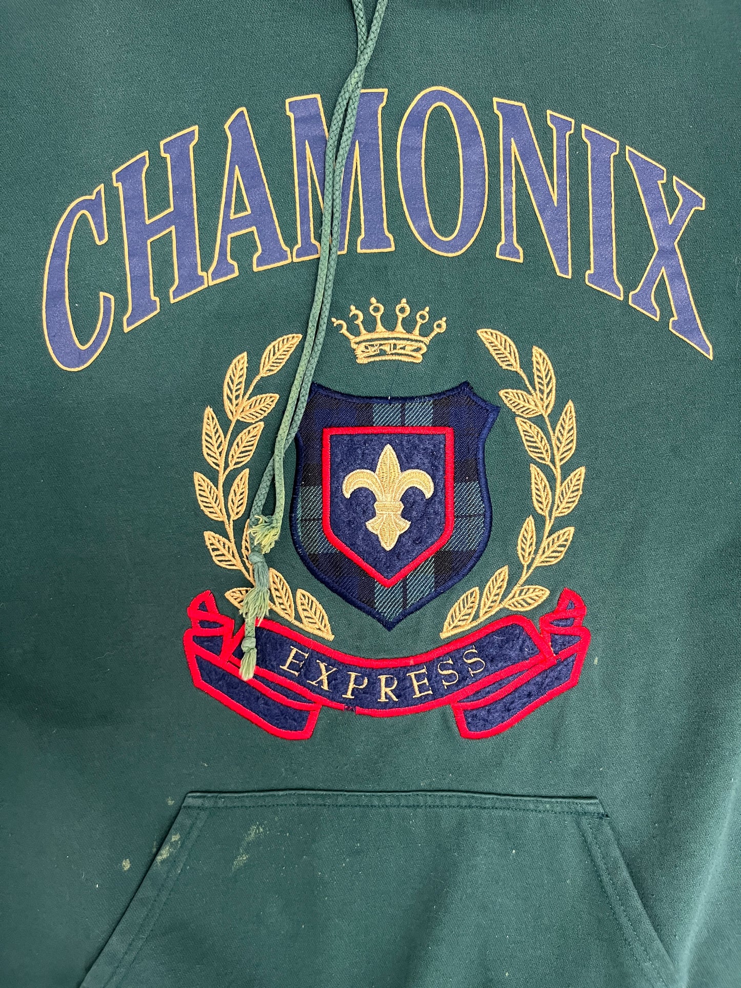 Chamonix Express Graphic Hoodie | Size X-Small | Vintage 2000s Promotional Green Sweater |