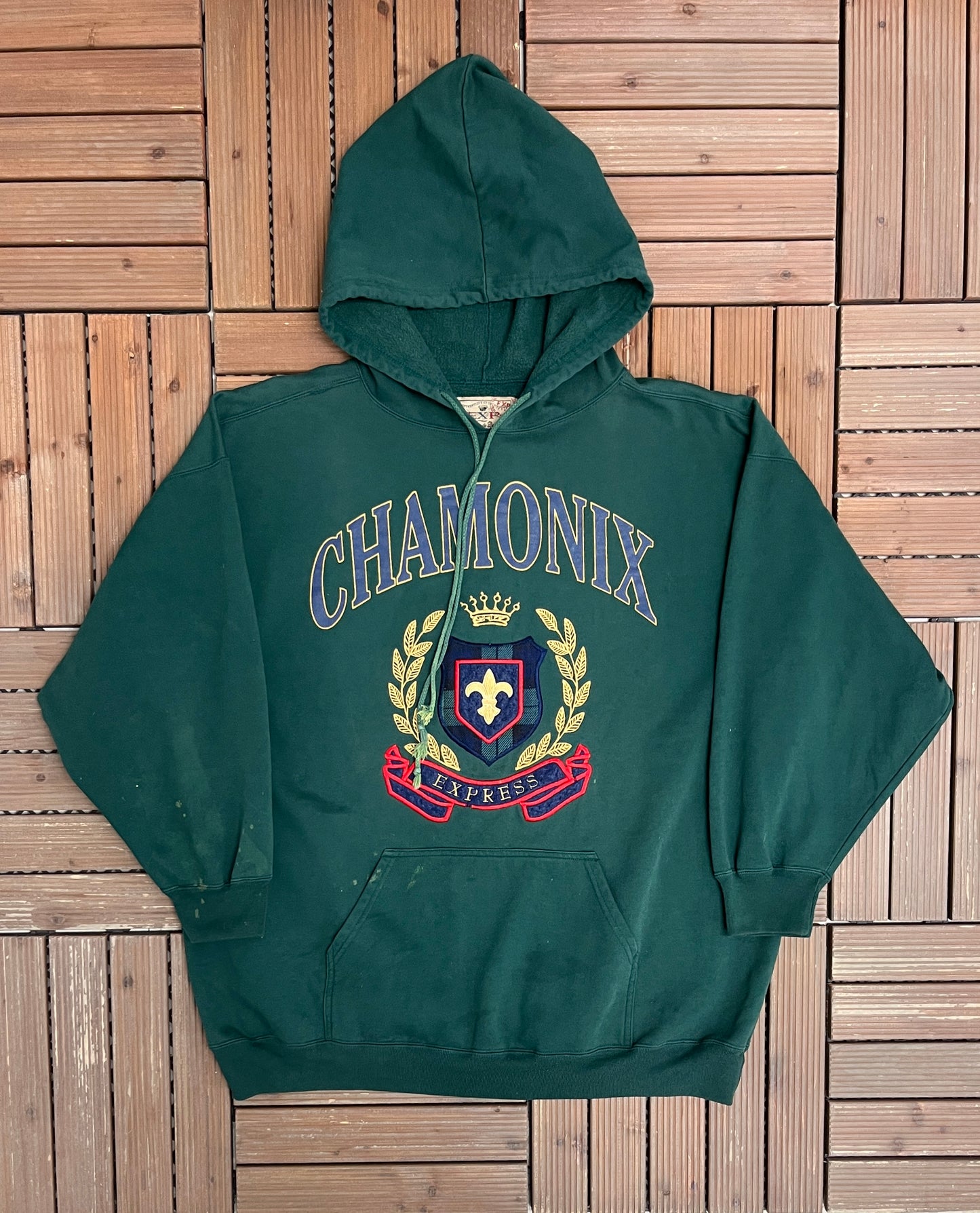 Chamonix Express Graphic Hoodie | Size X-Small | Vintage 2000s Promotional Green Sweater |