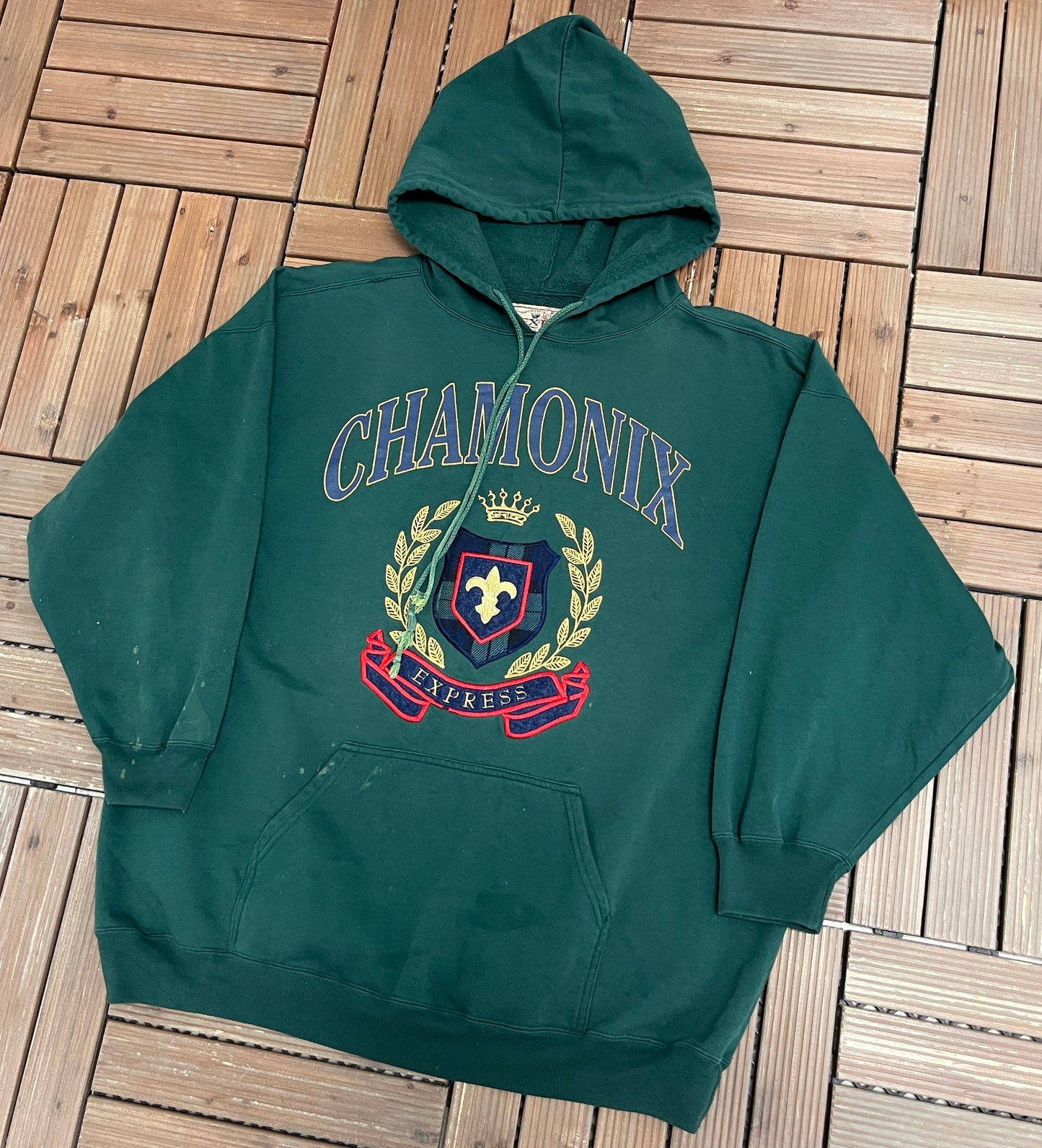 Chamonix Express Graphic Hoodie | Size X-Small | Vintage 2000s Promotional Green Sweater |