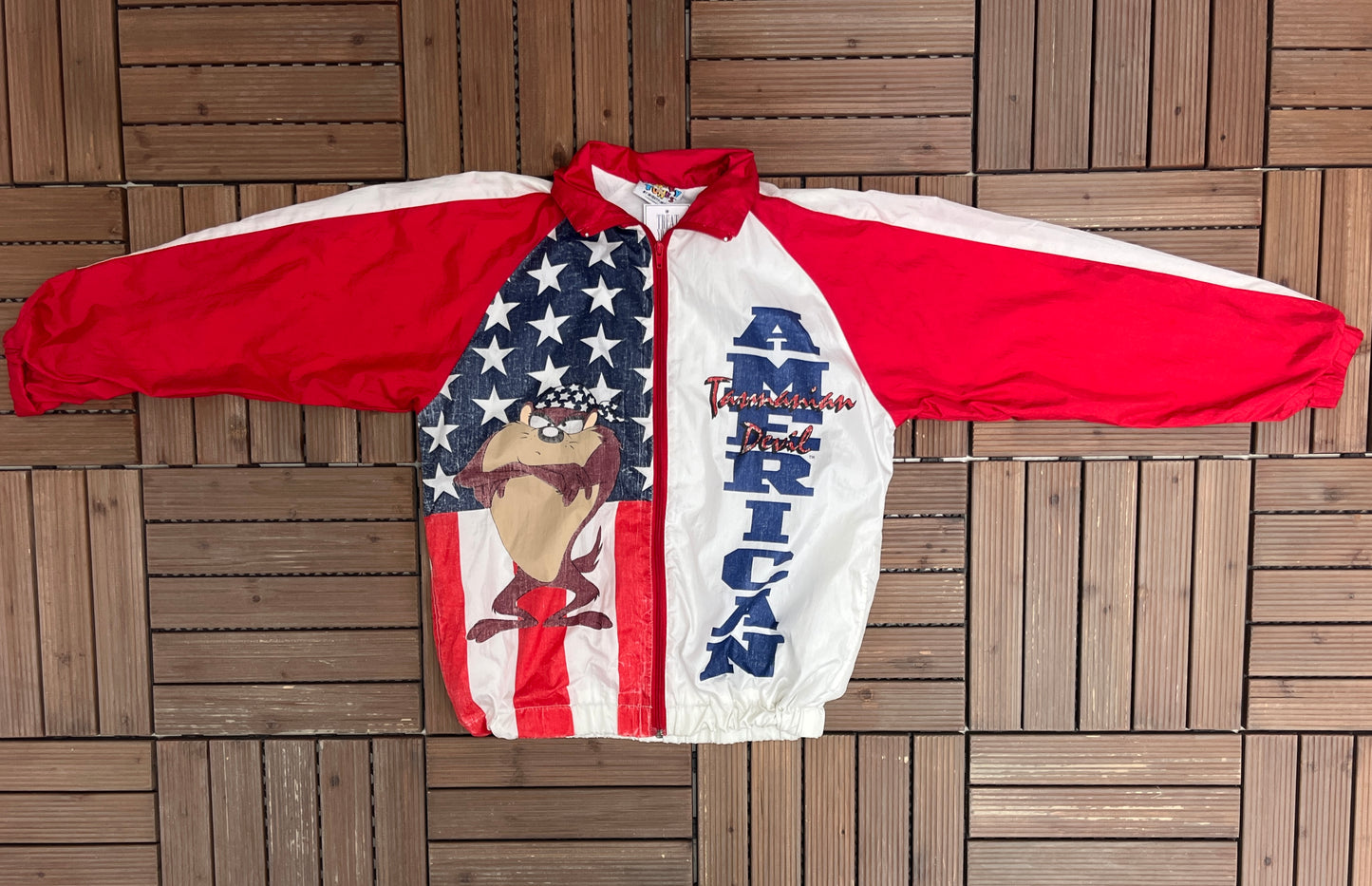 Taz American Graphic Windbreaker Jacket | Size Small | Vintage 1990s Looney Tunes Cartoon Windbreaker Coat |