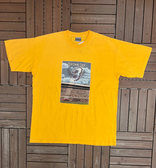 Dale Earnhardt Watching Over Graphic Tee | Size XX-Large | Vintage 2000s Yellow NASCAR Racing T-Shirt |