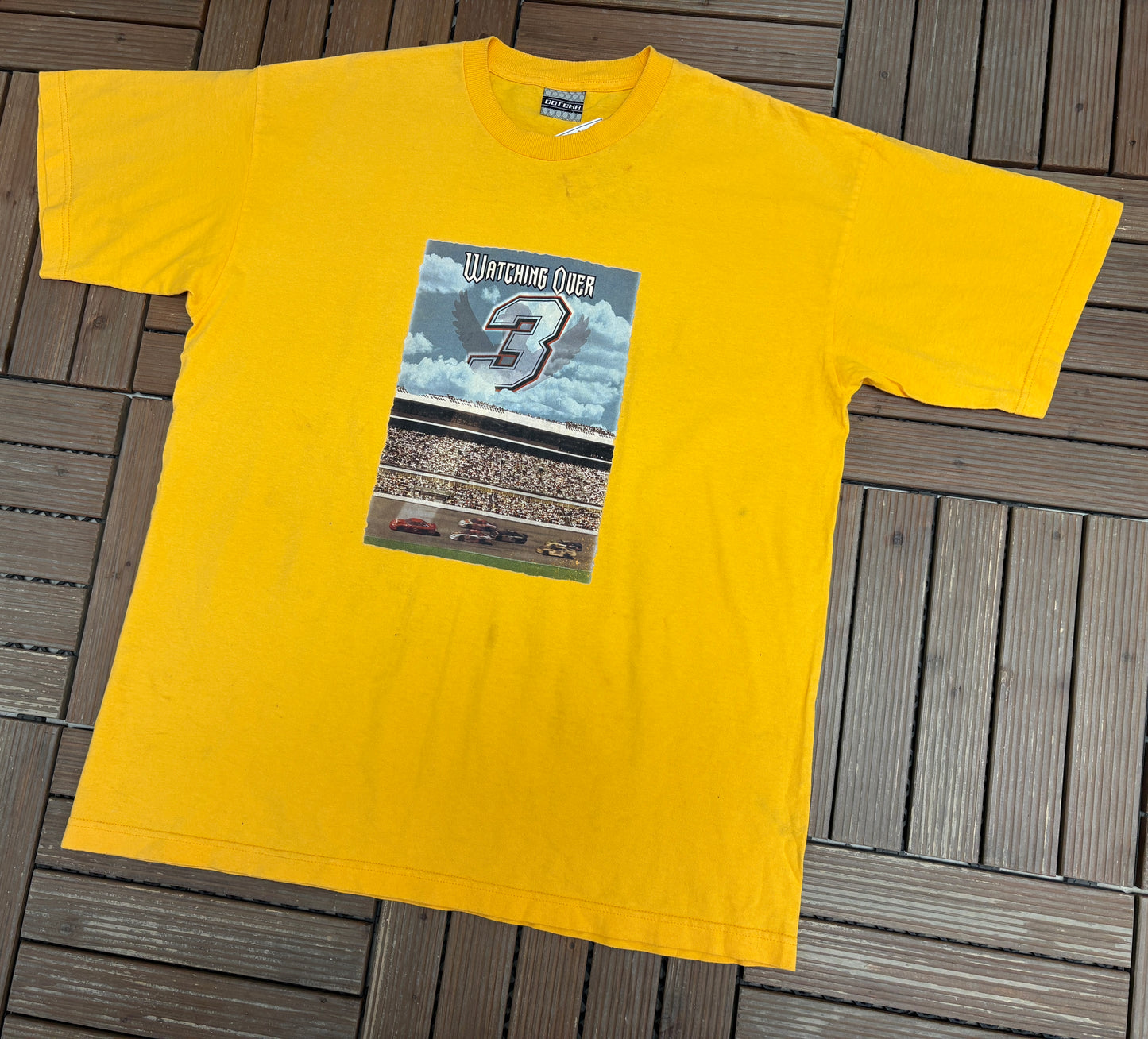 Dale Earnhardt Watching Over Graphic Tee | Size XX-Large | Vintage 2000s Yellow NASCAR Racing T-Shirt |