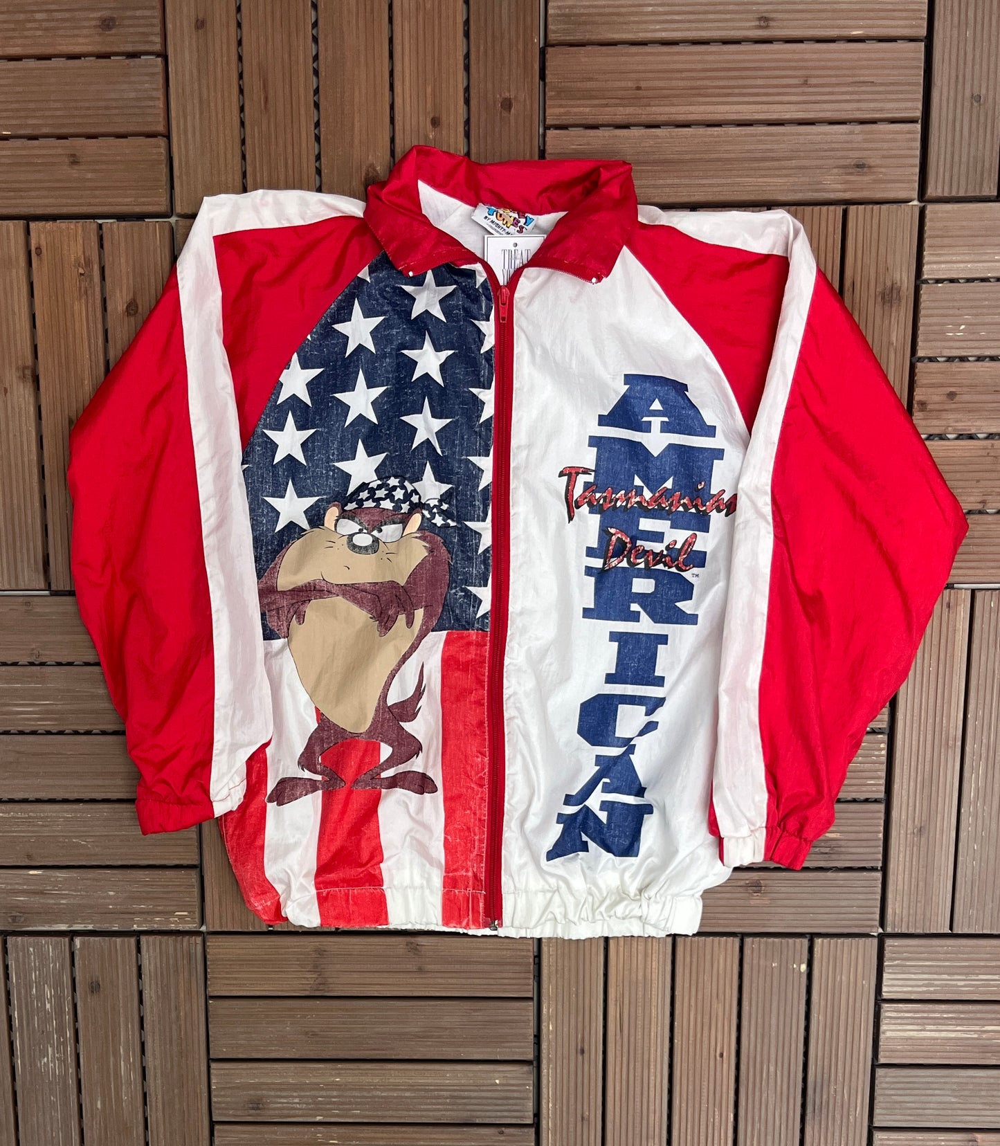 Taz American Graphic Windbreaker Jacket | Size Small | Vintage 1990s Looney Tunes Cartoon Windbreaker Coat |