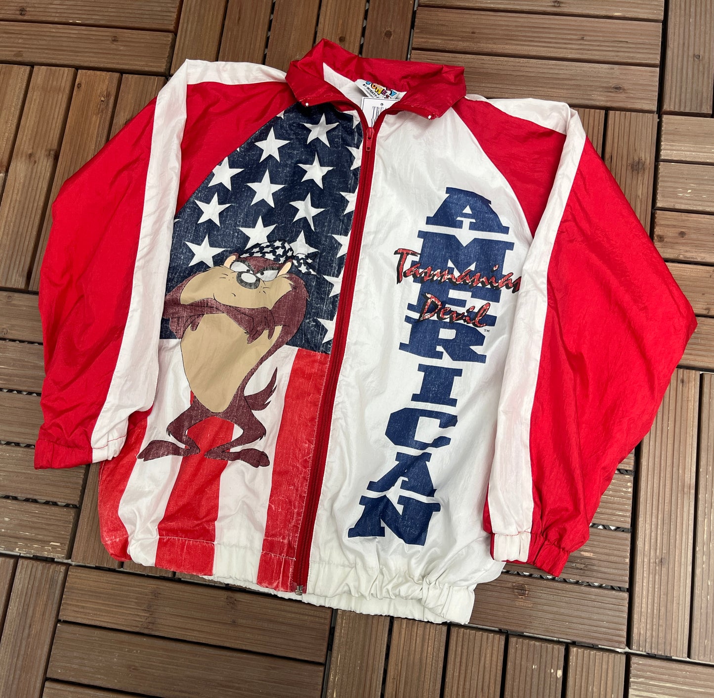 Taz American Graphic Windbreaker Jacket | Size Small | Vintage 1990s Looney Tunes Cartoon Windbreaker Coat |