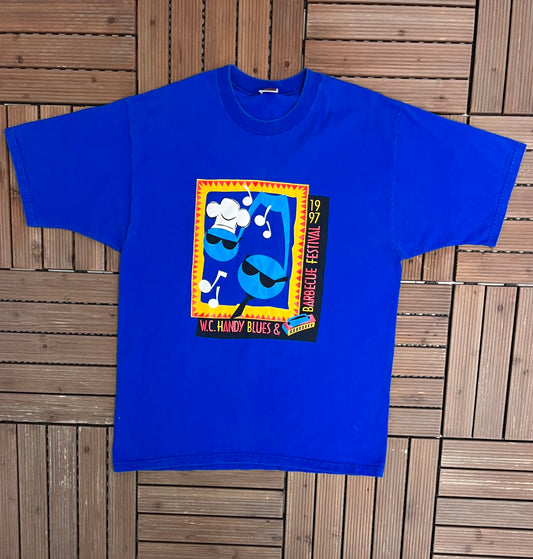 W.C. Handy Blues Barbecue Festival 1997 Graphic Tee | Size Large | Vintage 1990s Promotional Blue T-Shirt |