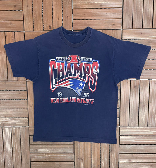 New England Patriots Division Champs 1996 Graphic Tee | Size Large | Vintage 1990s NFL Football Blue T-Shirt |