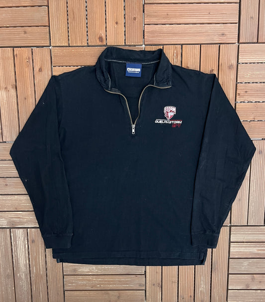 Guelph Storm Embroidered Graphic Quarter Zip | Size Large | Vintage 2000s OHL Hockey Black Sweater |