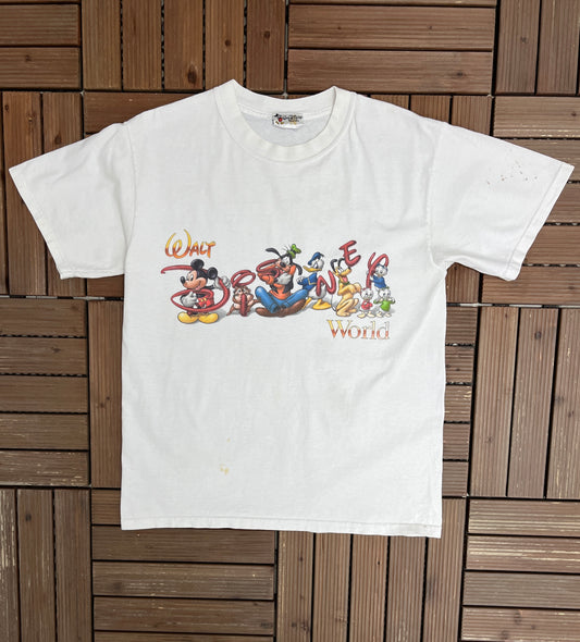 Walt Disney World Graphic Tee | Size Medium | Vintage 1990s Cartoon Promotional White T-Shirt |