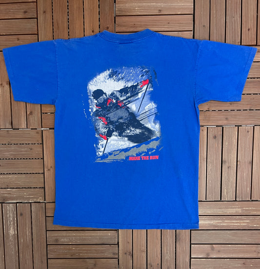 Marlboro Cigarettes Make The Run Skiing Graphic Tee | Size X-Large | Vintage 1990s Promotional Blue T-Shirt |