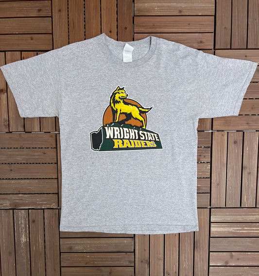 Wright State Raiders Graphic Tee | Size Large | Vintage 2000s College Grey T-Shirt |