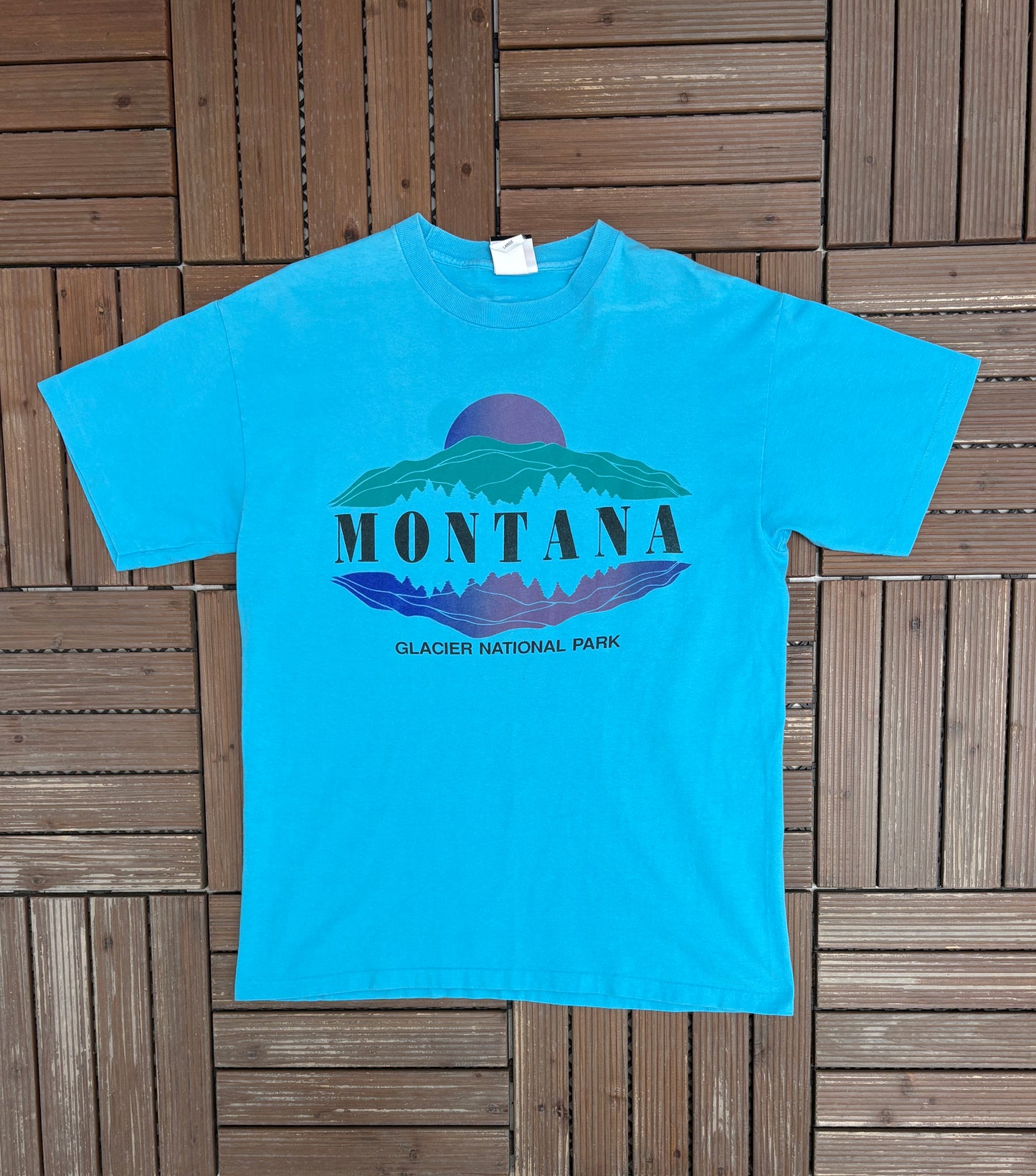 Glacier National Park Graphic Tee | Size Large | Vintage 1990s Tourist Promotional Blue T-Shirt |