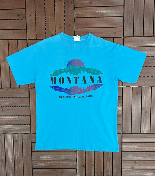Glacier National Park Graphic Tee | Size Large | Vintage 1990s Tourist Promotional Blue T-Shirt |