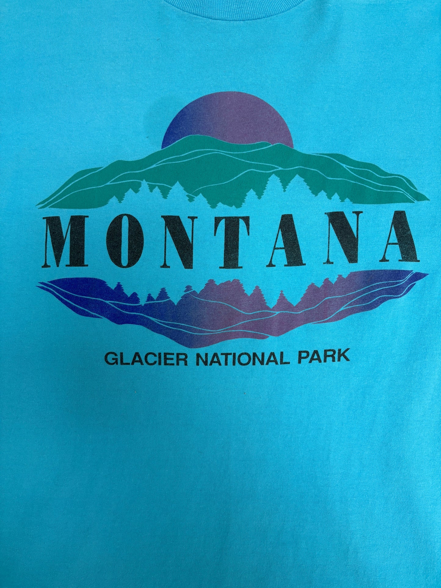 Glacier National Park Graphic Tee | Size Large | Vintage 1990s Tourist Promotional Blue T-Shirt |