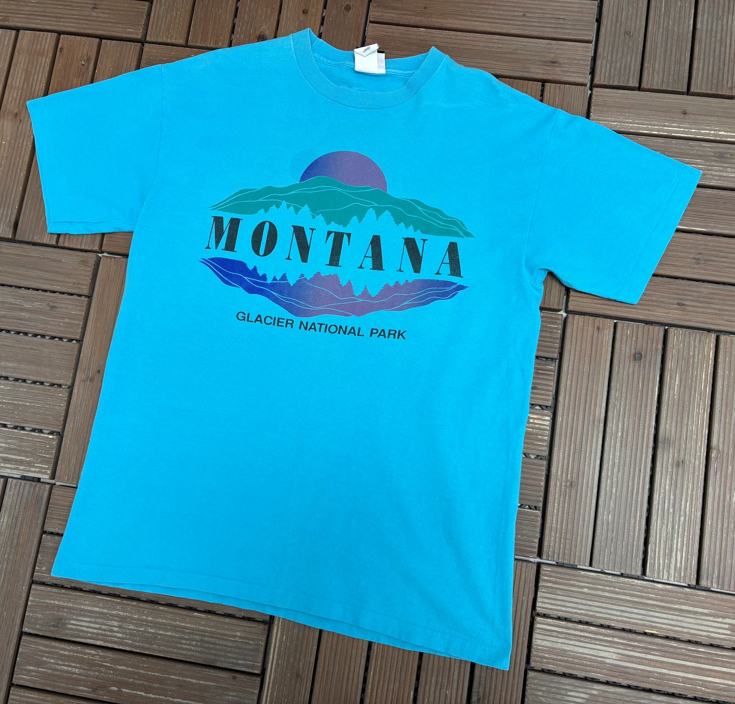Glacier National Park Graphic Tee | Size Large | Vintage 1990s Tourist Promotional Blue T-Shirt |