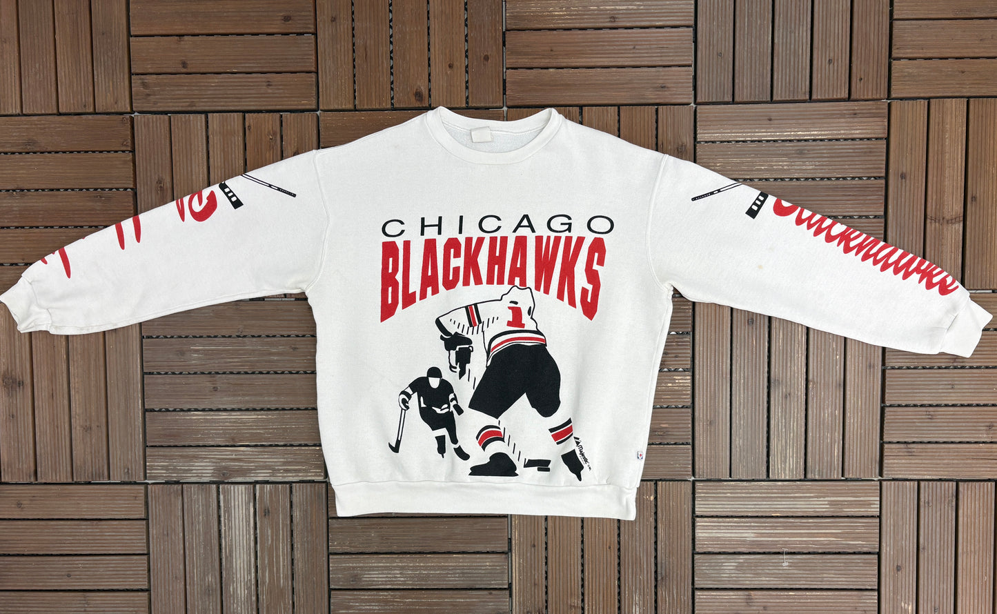 Chicago Blackhawks Graphic Crewneck | Size X-Large | Vintage 1990s NHL Hockey AOP White Sweater |