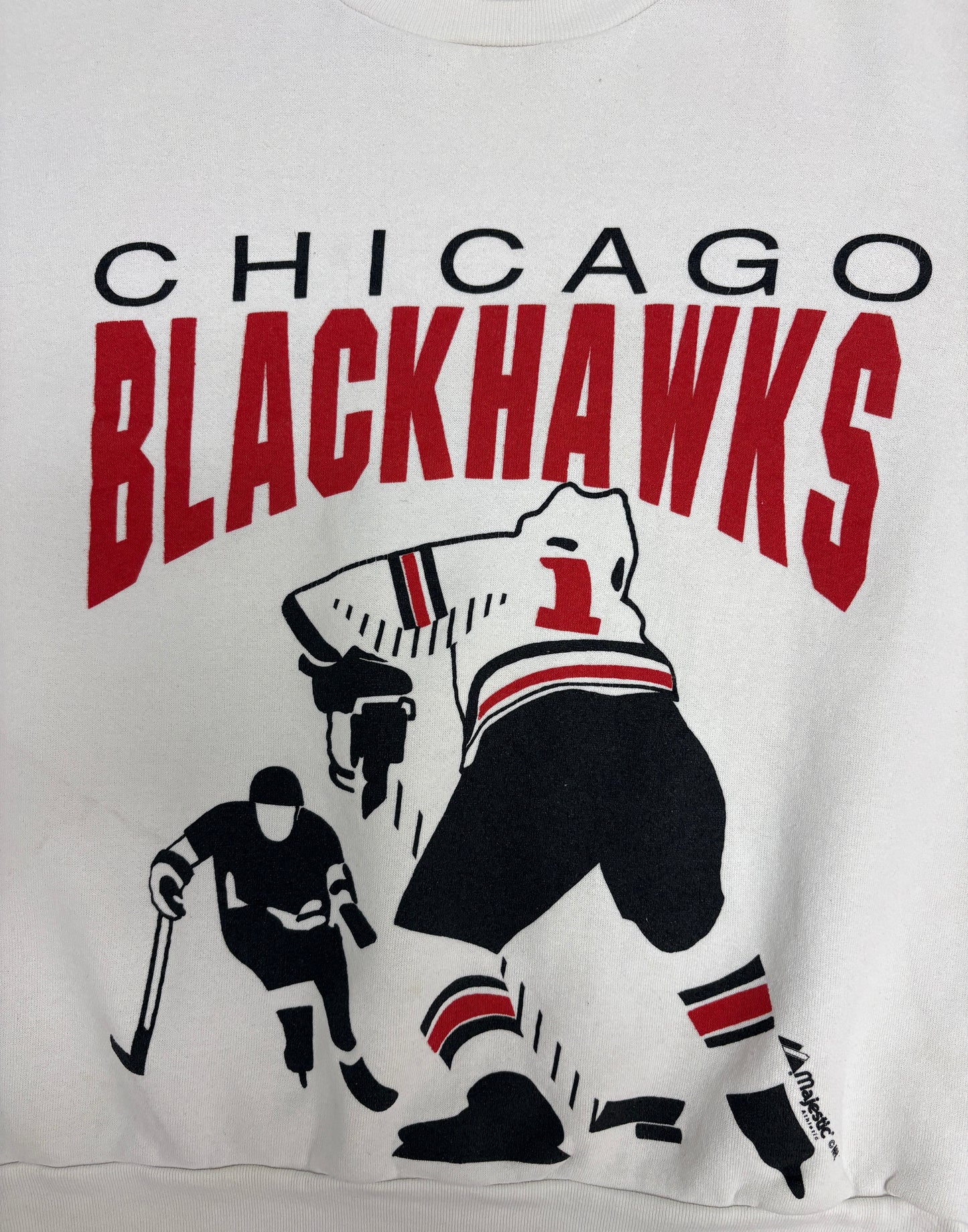 Chicago Blackhawks Graphic Crewneck | Size X-Large | Vintage 1990s NHL Hockey AOP White Sweater |