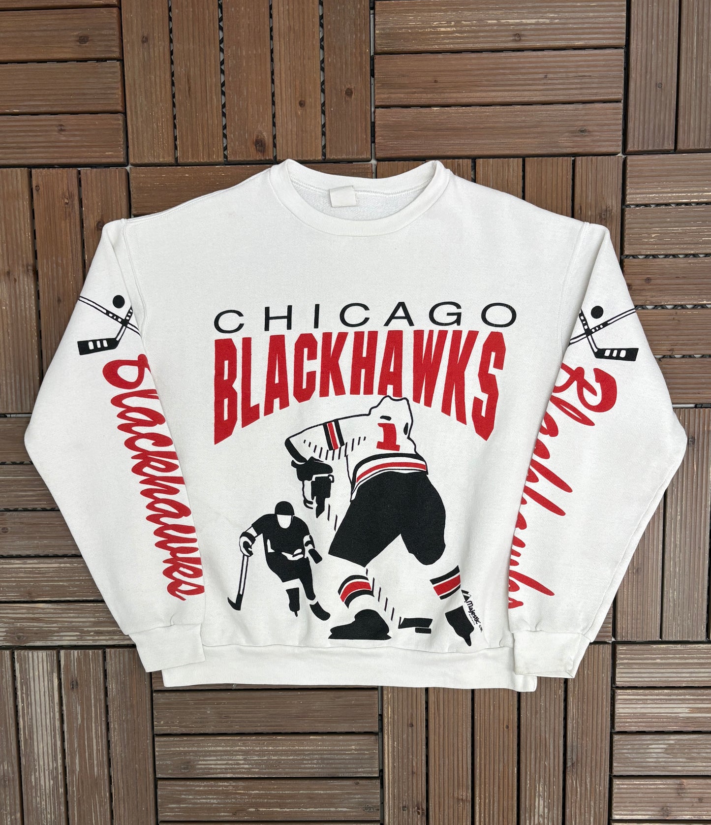 Chicago Blackhawks Graphic Crewneck | Size X-Large | Vintage 1990s NHL Hockey AOP White Sweater |