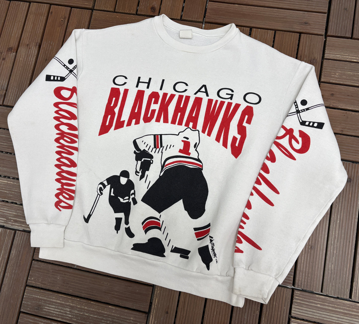 Chicago Blackhawks Graphic Crewneck | Size X-Large | Vintage 1990s NHL Hockey AOP White Sweater |