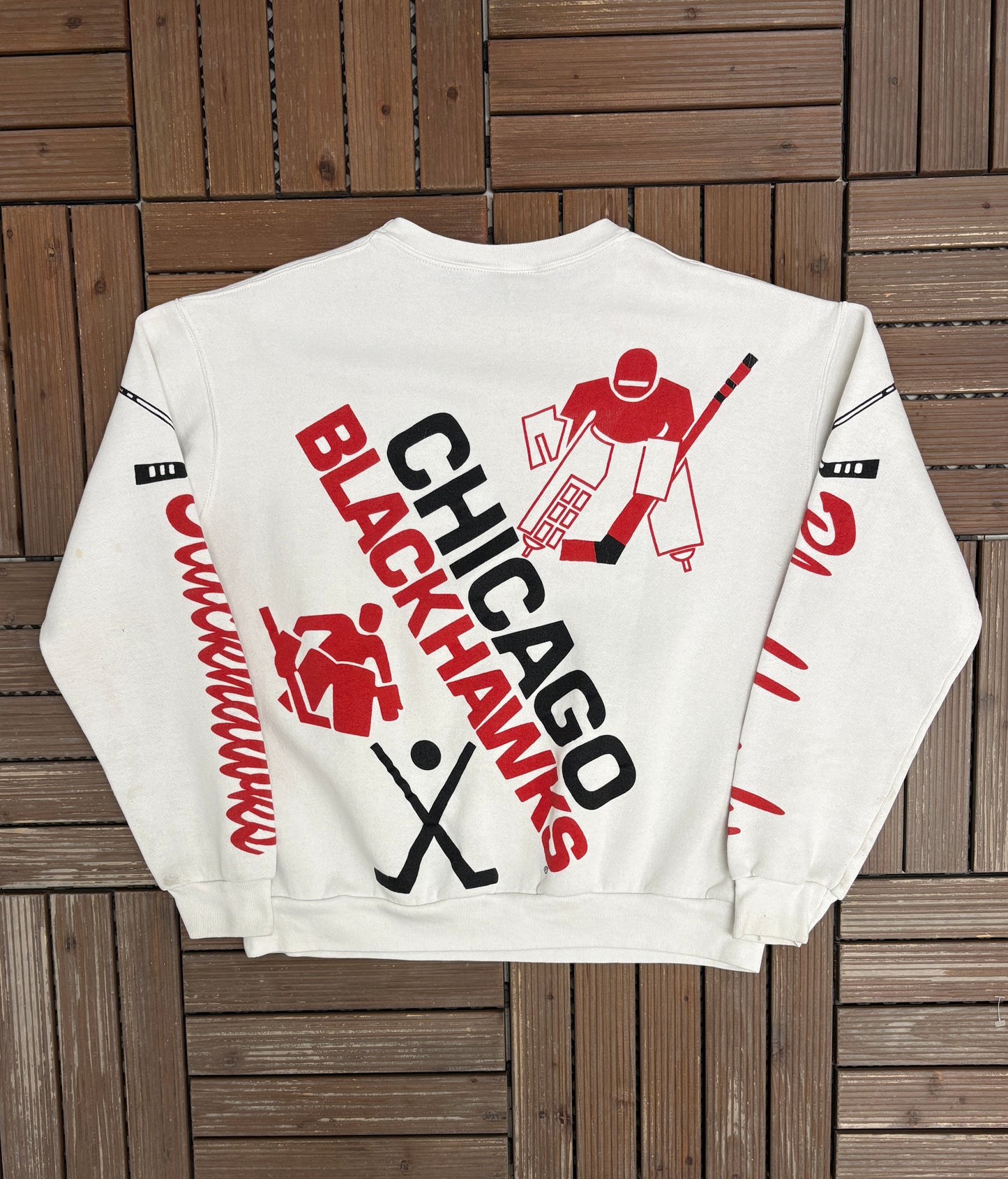 Chicago Blackhawks Graphic Crewneck | Size X-Large | Vintage 1990s NHL Hockey AOP White Sweater |