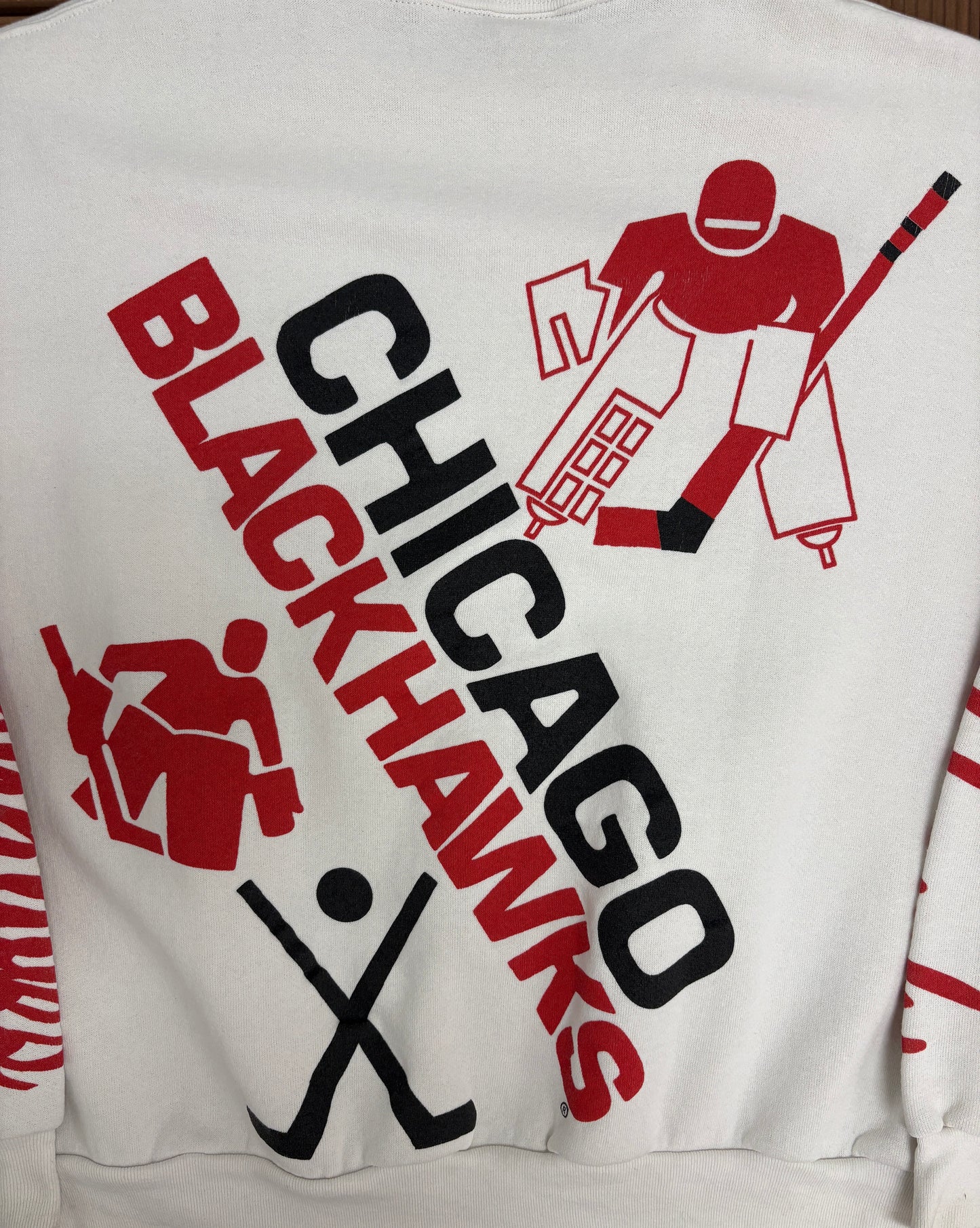 Chicago Blackhawks Graphic Crewneck | Size X-Large | Vintage 1990s NHL Hockey AOP White Sweater |