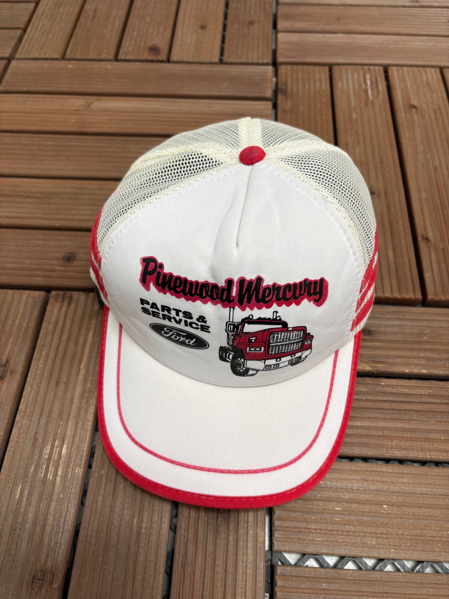 Ford Parts & Service Pinewood Mercury Graphic Hat | Snap Back | Vintage 1990s Promotional White Cap |