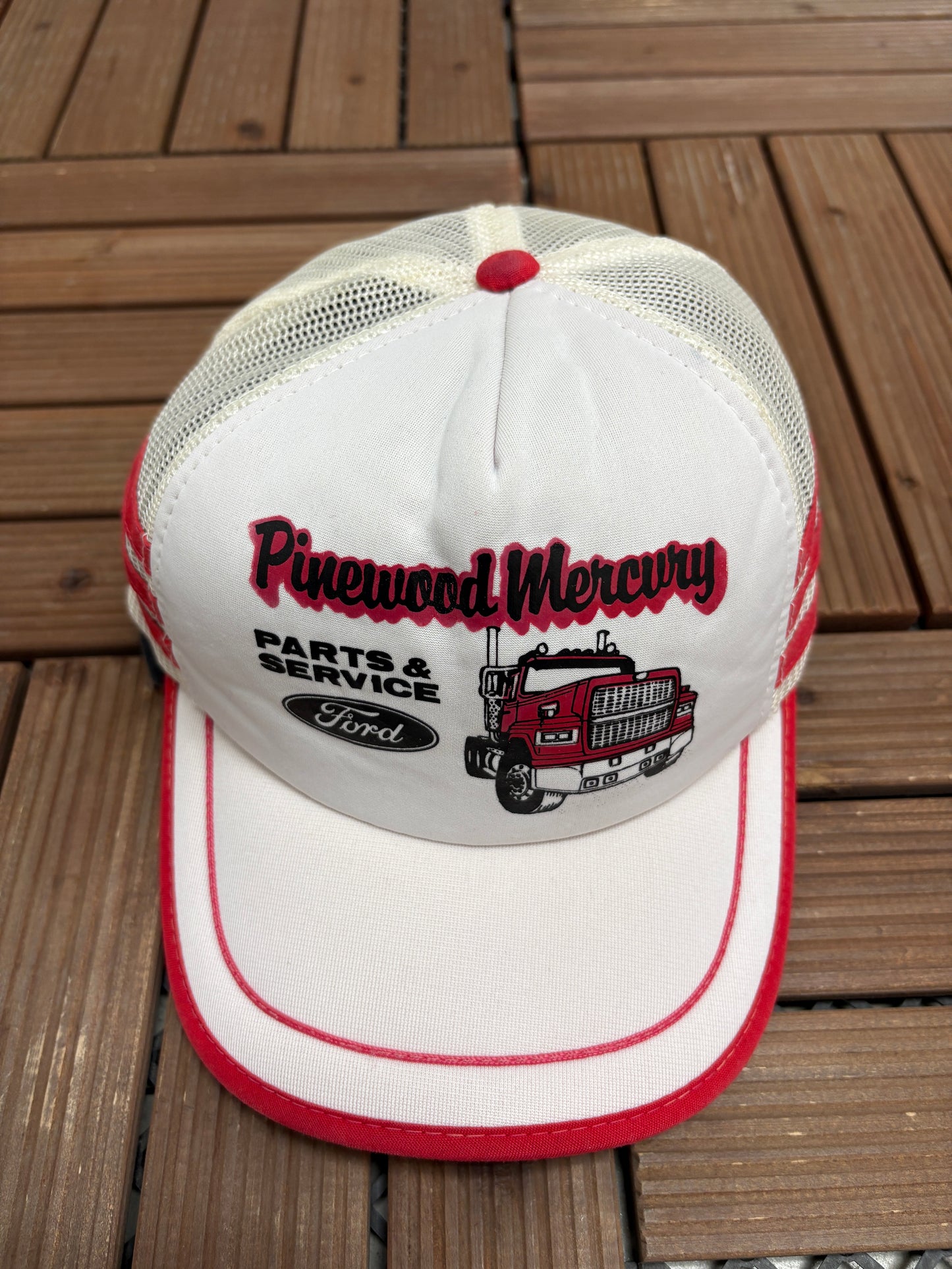 Ford Parts & Service Pinewood Mercury Graphic Hat | Snap Back | Vintage 1990s Promotional White Cap |