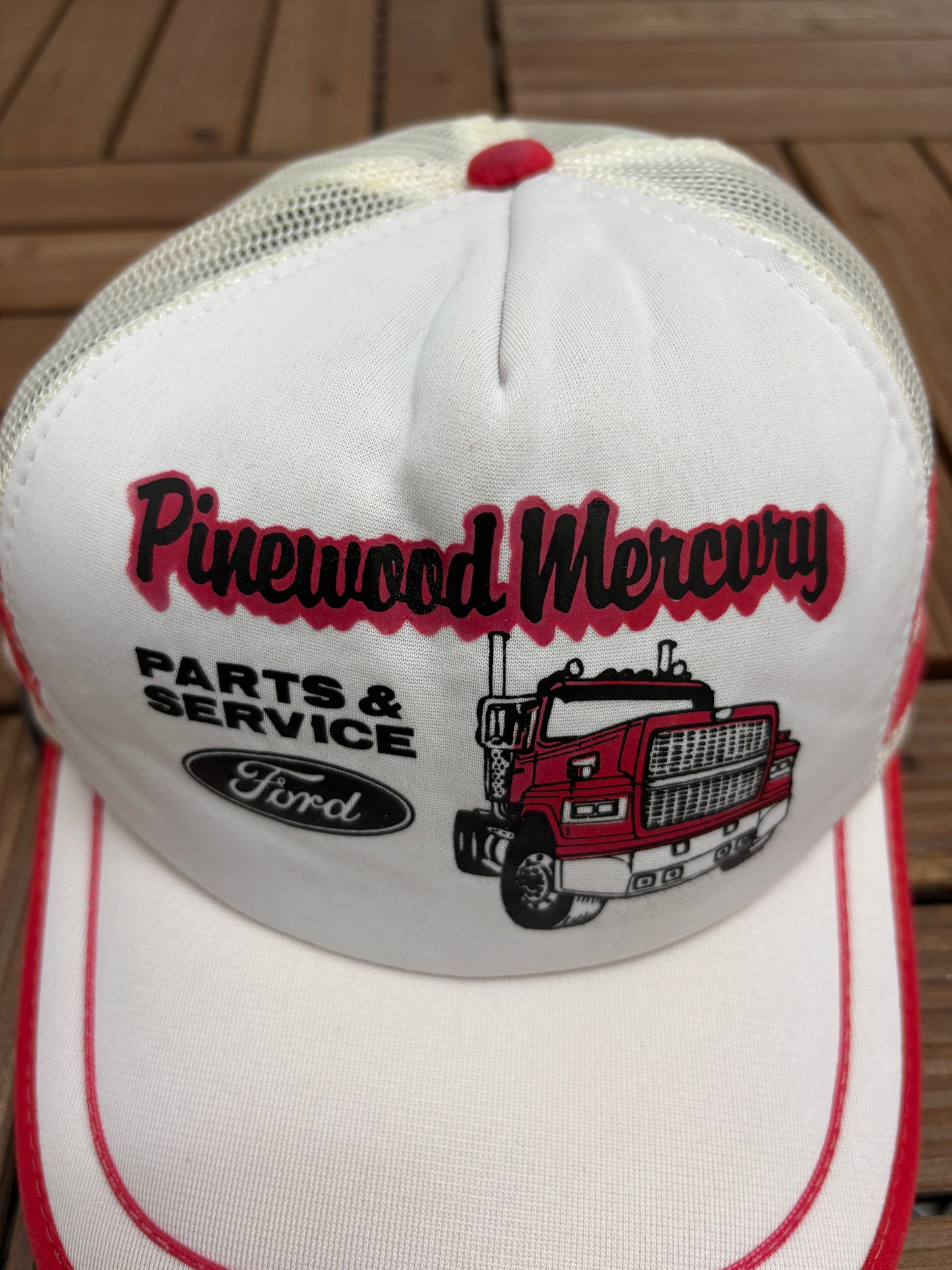 Ford Parts & Service Pinewood Mercury Graphic Hat | Snap Back | Vintage 1990s Promotional White Cap |