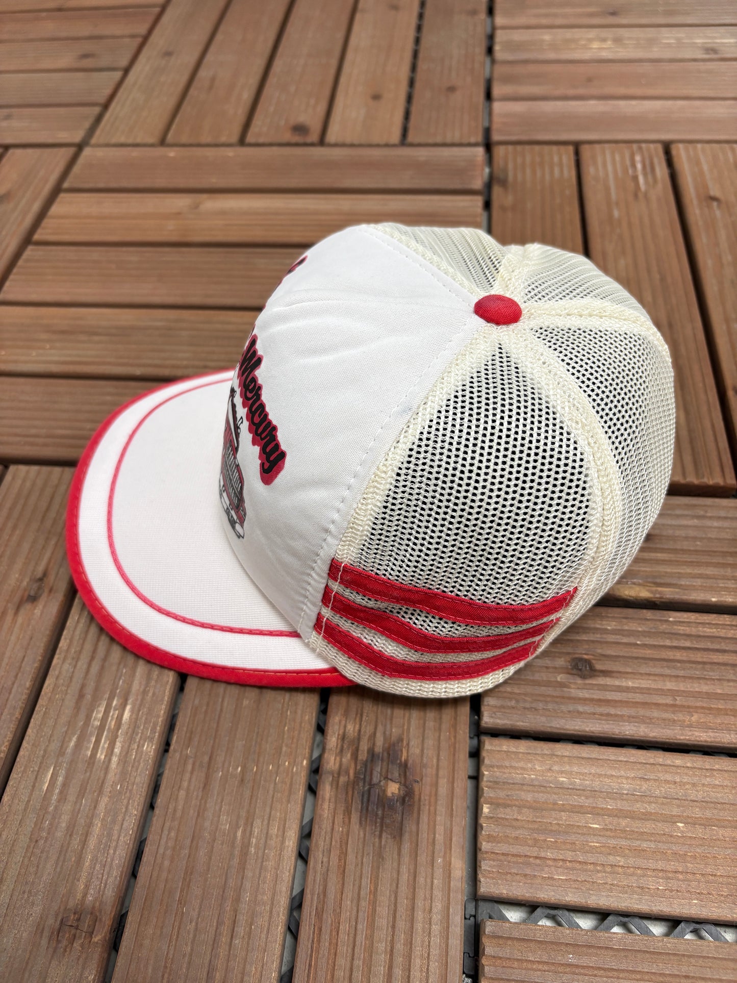 Ford Parts & Service Pinewood Mercury Graphic Hat | Snap Back | Vintage 1990s Promotional White Cap |